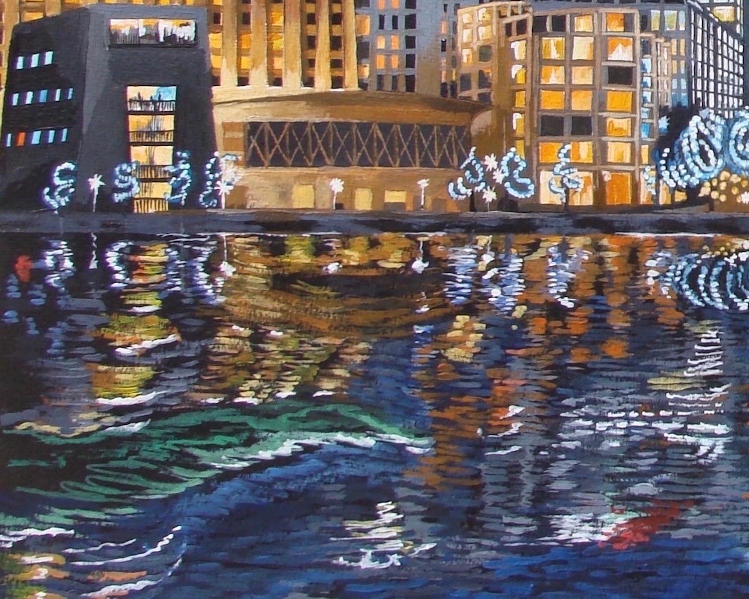 Canary Wharf Neons, Bright Cityscape Gemälde, Londoner Kunst, Realismus-Gemälde im Angebot 3