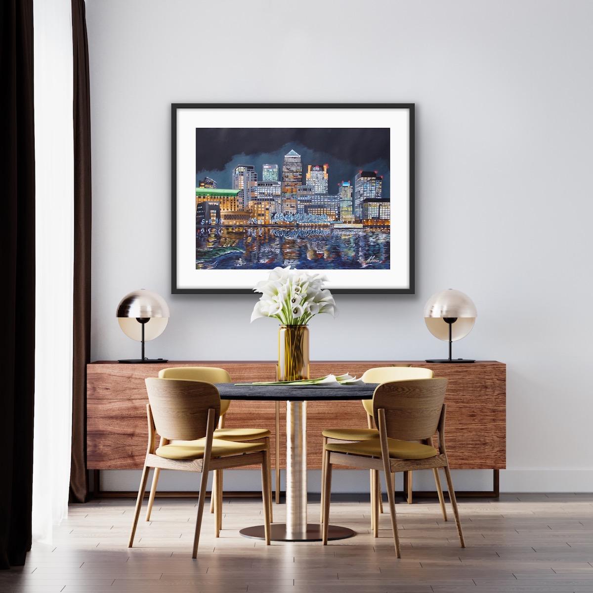 Canary Wharf Neons, Bright Cityscape Gemälde, Londoner Kunst, Realismus-Gemälde im Angebot 5