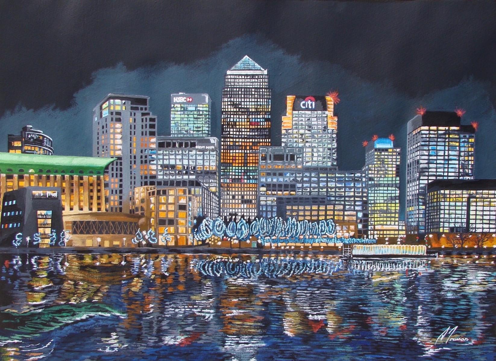 David Truman Landscape Painting - Canary Wharf Neons, Bright Cityscape Painting, London Art, Realist Painting