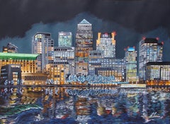 Canary Wharf Neons, Bright Cityscape Painting, London Art, Realist Painting