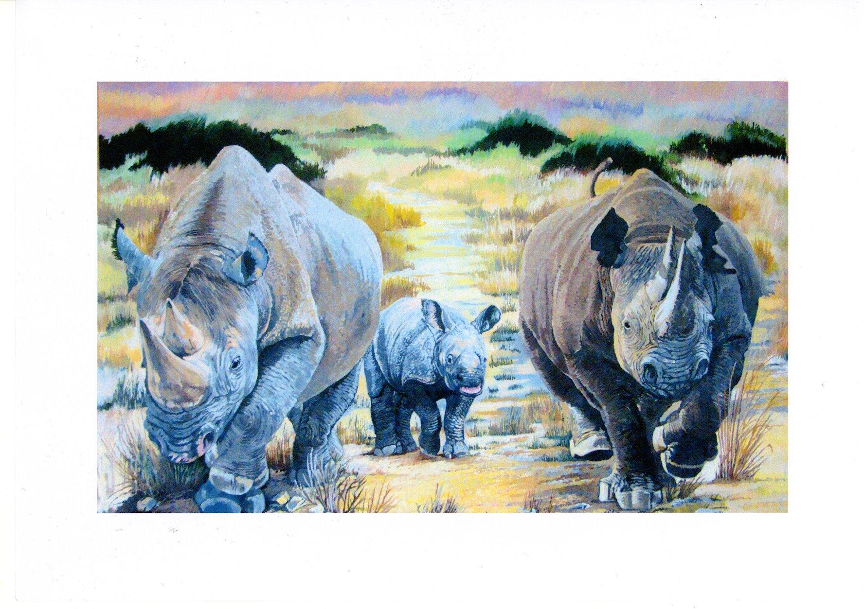 Choque de Rinocerontes, Arte Animal, Pintura Safari, Obra de Arte Realista Contemporáneo - Animal Painting Gris de David Truman