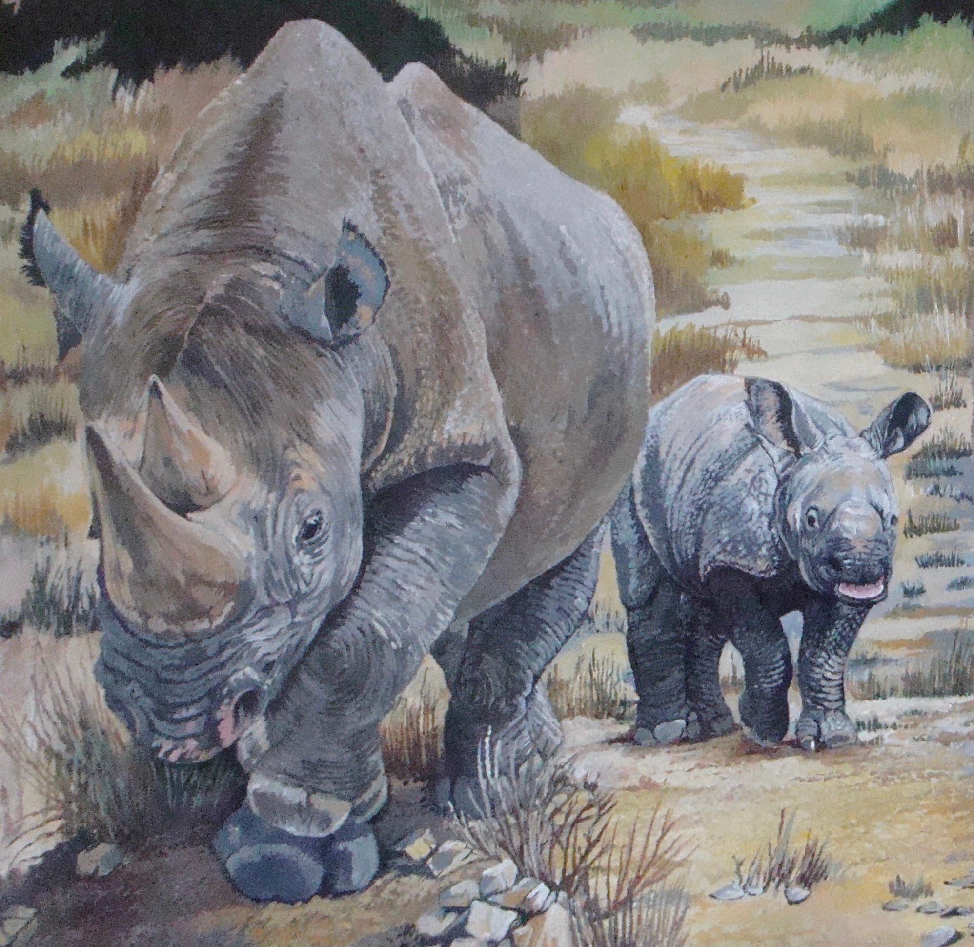 Crash of Rhino's, Tierkunst, Safari-Gemälde, Contemporary Realist Artwork (Grau), Animal Painting, von David Truman