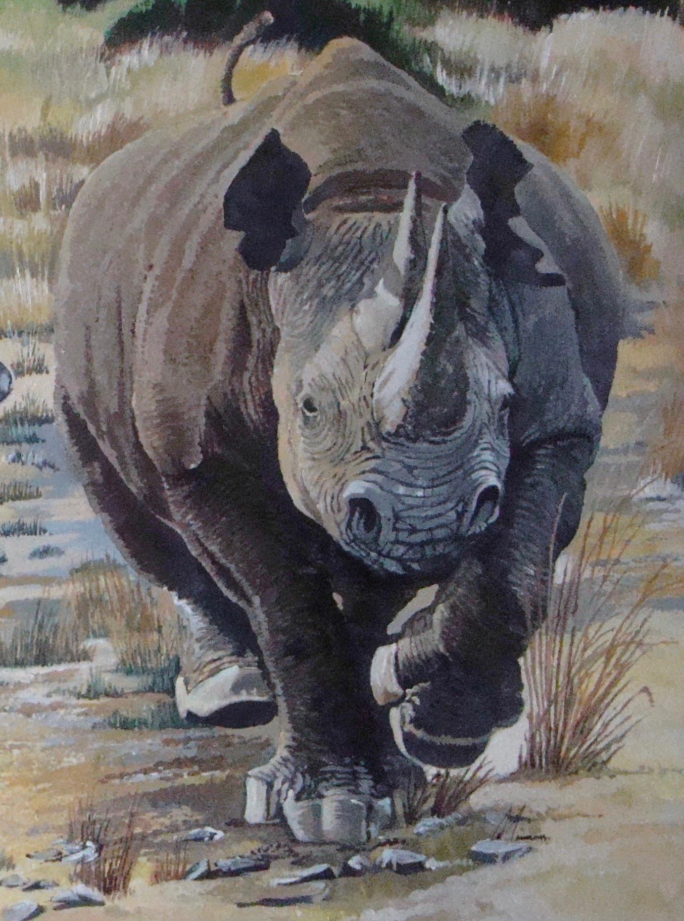 Crash of Rhino's, Animal Art, Safari Painting, Contemporary Realist Artwork - Gray Animal Painting by David Truman