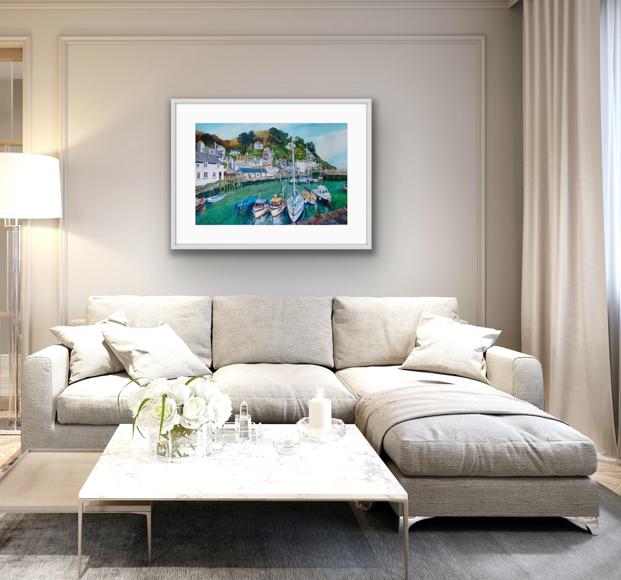 Polperro, Pintura de un paisaje marino de Cornualles de estilo realista, Pintura tradicional de un puerto - Painting de David Truman