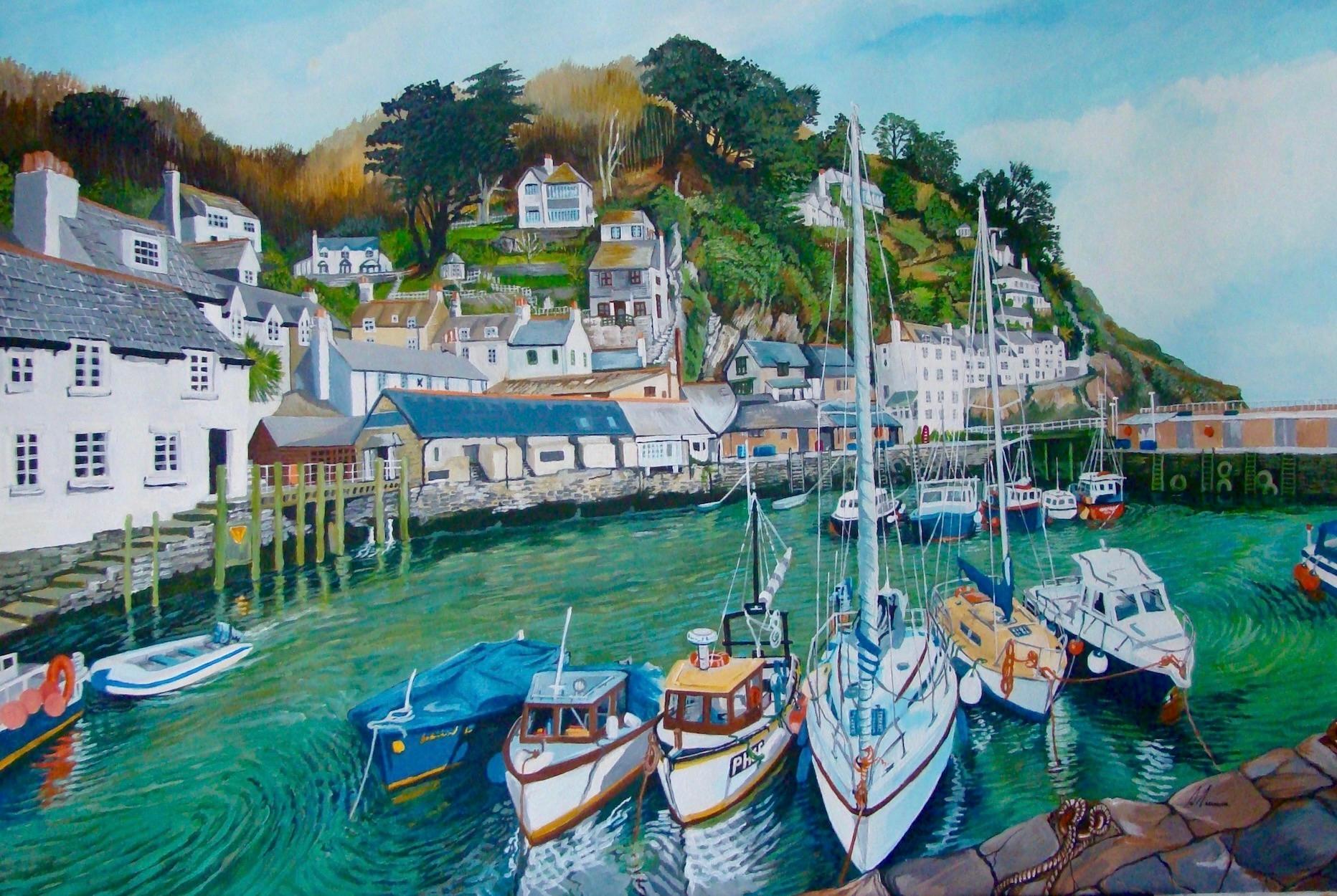 Polperro, Pintura de un paisaje marino de Cornualles de estilo realista, Pintura tradicional de un puerto