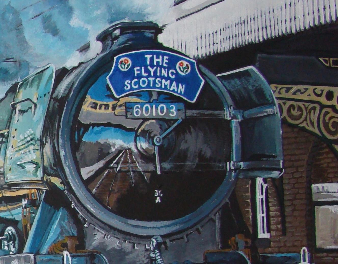 Reflections on Grantham, Train Painting, Contemporary Transport Artwork - Gray Landscape Painting by David Truman