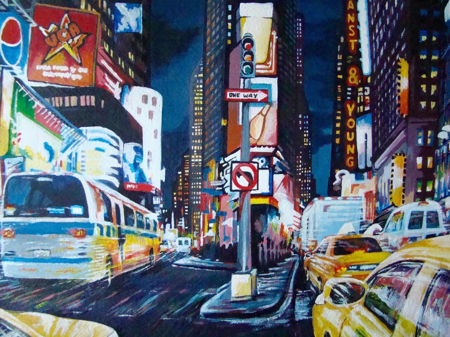 Rush Hour, New York Cityscape Painting, Transport Art, Nighttime City Art - Purple Still-Life Painting by David Truman