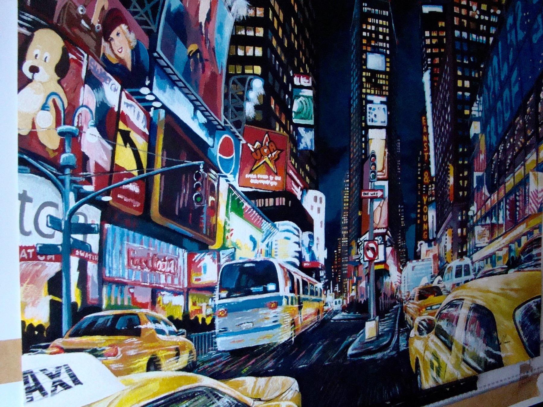 Rush Hour, New York Cityscape Painting, Transport Art, Nighttime City Art For Sale 1