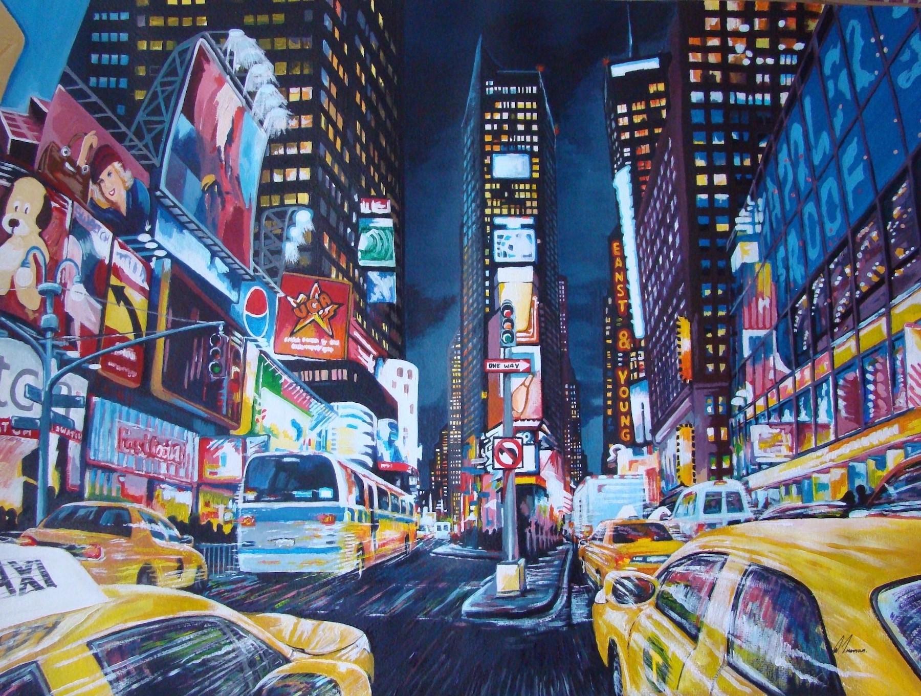 Rush Hour, peinture de paysage urbain de New York, art des transports, art de la ville de nuit
