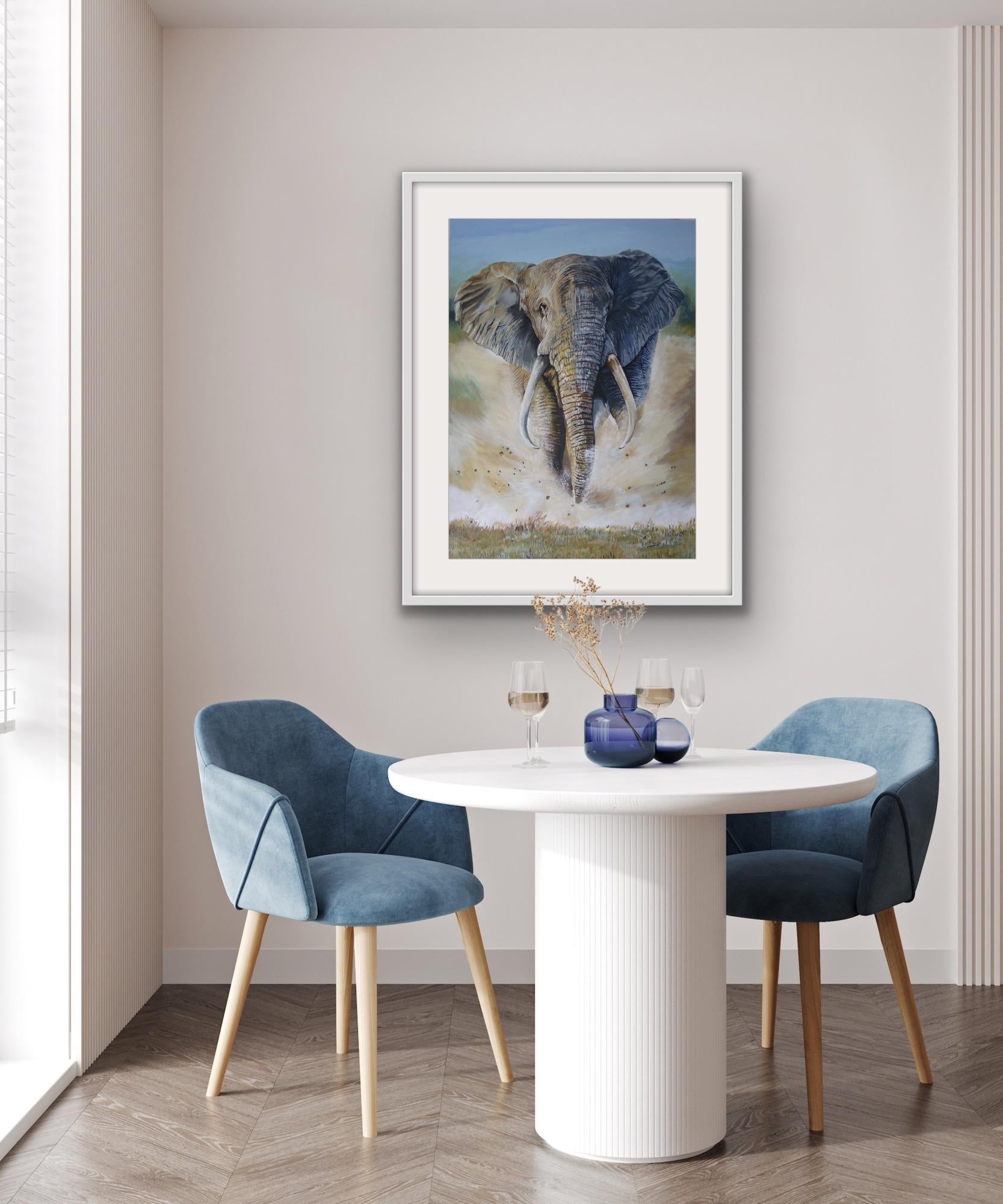 The Charge, Animal Art, Realist Elephant Painting, Contemporary Safari Artwork - Gray Still-Life Painting by David Truman