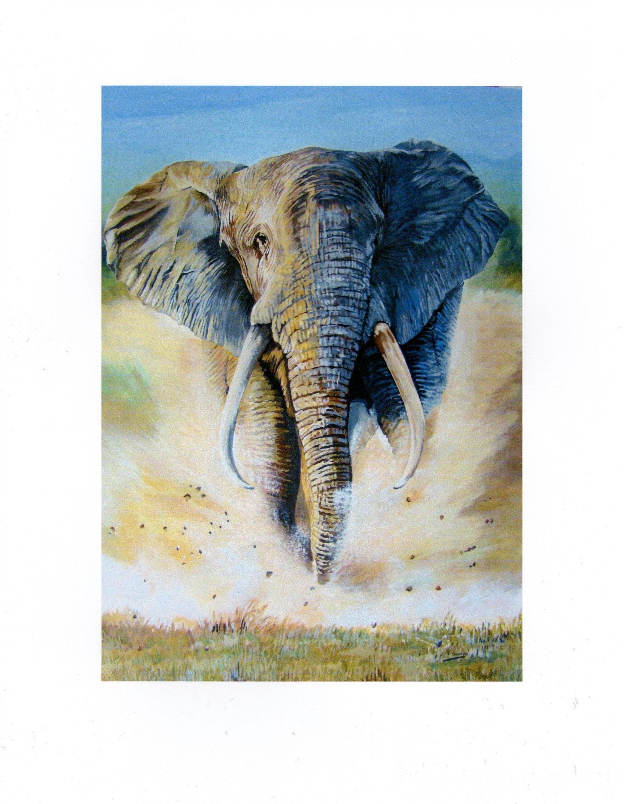 The Charge, Tierkunst, realistisches Elefantengemälde, zeitgenössische Safari-Kunstwerke (Realismus), Painting, von David Truman