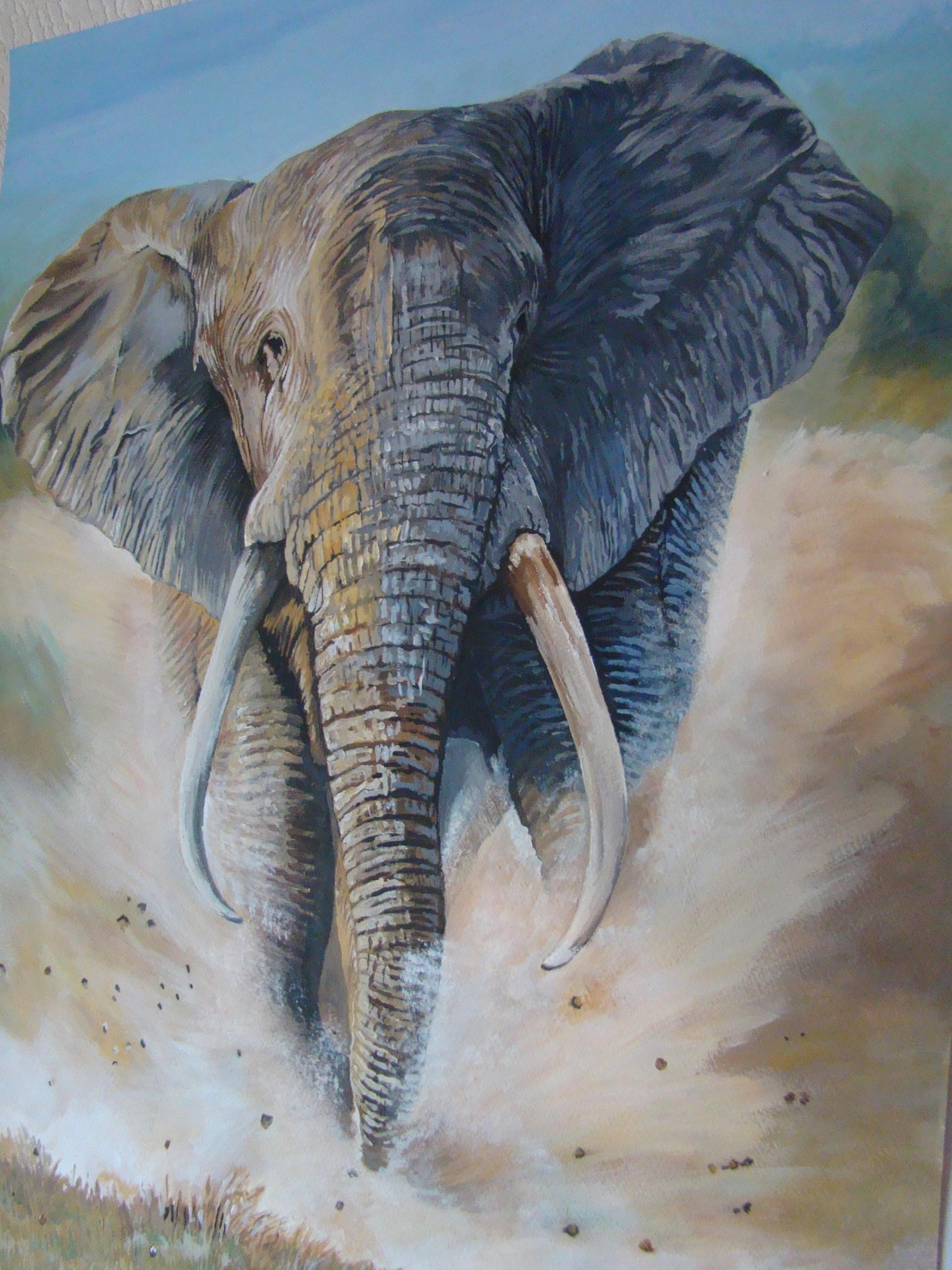 The Charge, Art animalier, peinture réaliste d'éléphants, œuvre d'art contemporaine de safari en vente 1