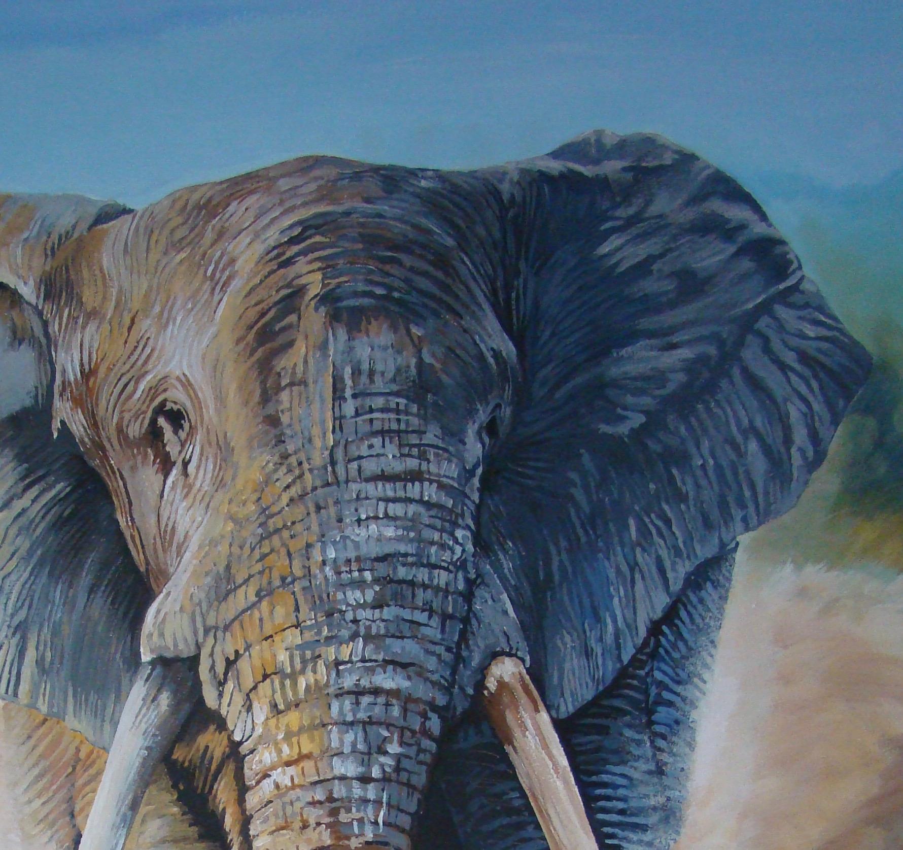 The Charge, Art animalier, peinture réaliste d'éléphants, œuvre d'art contemporaine de safari en vente 2