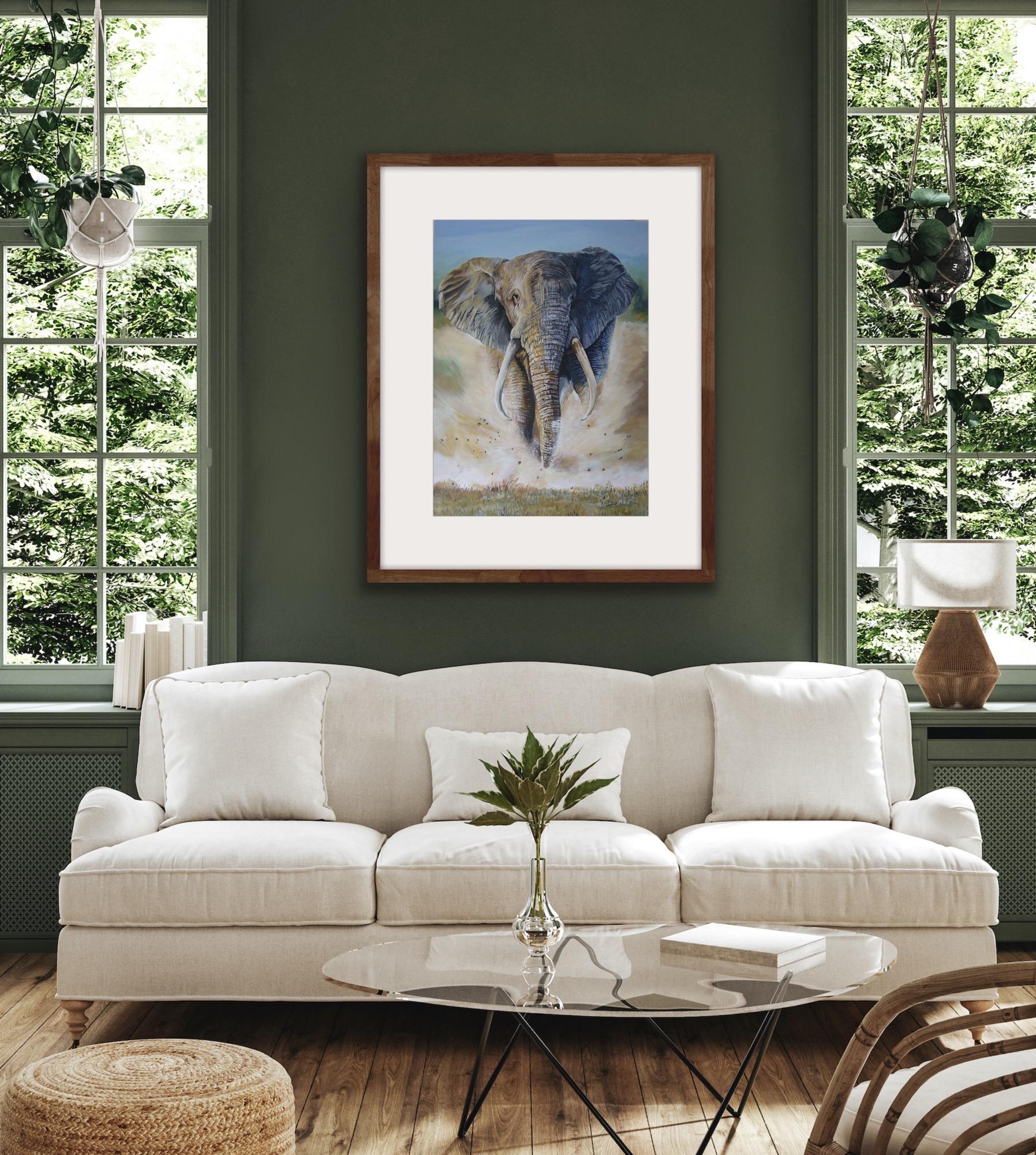 The Charge, Art animalier, peinture réaliste d'éléphants, œuvre d'art contemporaine de safari en vente 4