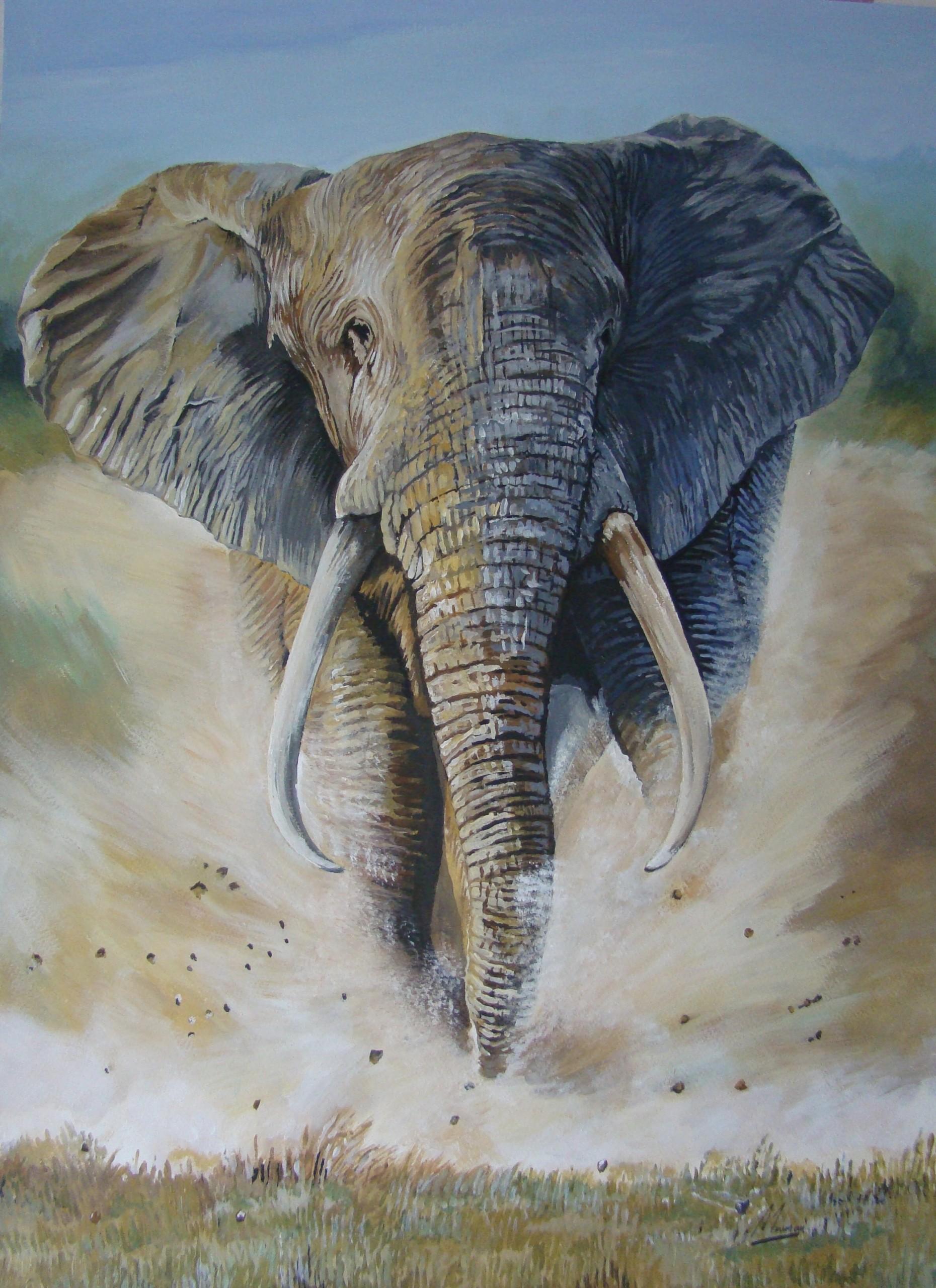 David Truman Still-Life Painting - The Charge, Animal Art, Realist Elephant Painting, Contemporary Safari Artwork