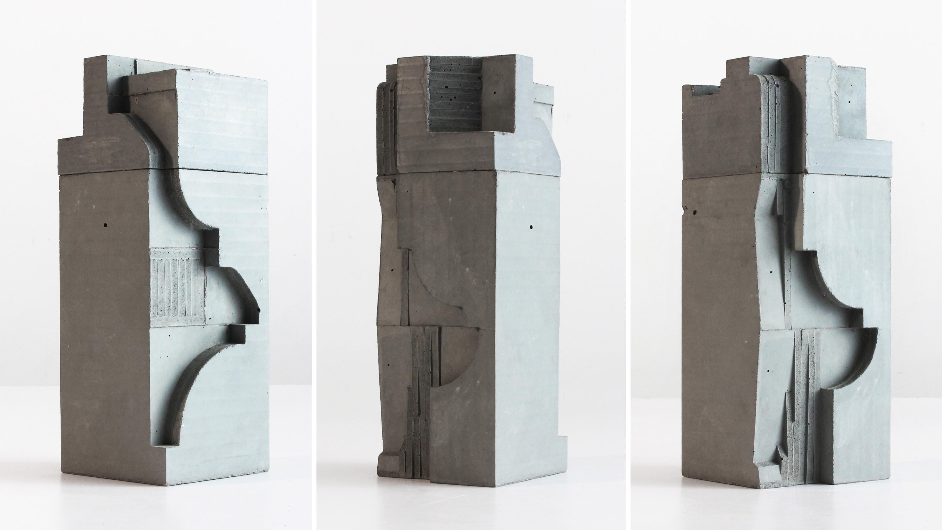 The concrete works of David Umemoto stand as studies about volume. At the juncture of sculpture and architecture, these miniature pieces evoke temporary buildings or monuments standing on far-away lands. The images conveyed in the mind by these