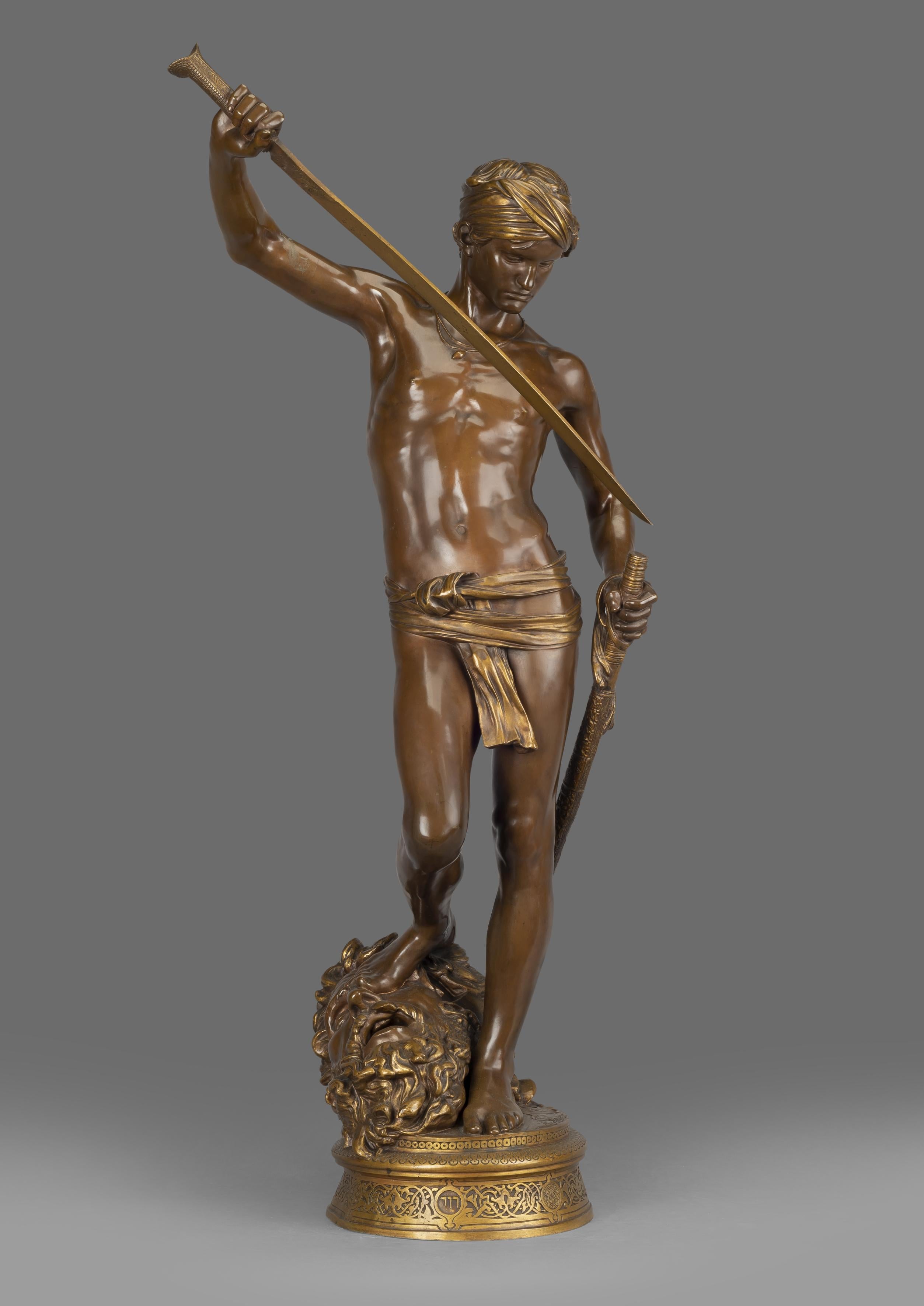 'David Vainqueur de Goliath' - A fine Patinated bronze figure by Antonin Mercié, cast Ferdinand Barbedienne.

French, circa 1880. 

Rich brown patiantion with gold highlights, the base cast with a lozenge with the Hebrew for David and the base