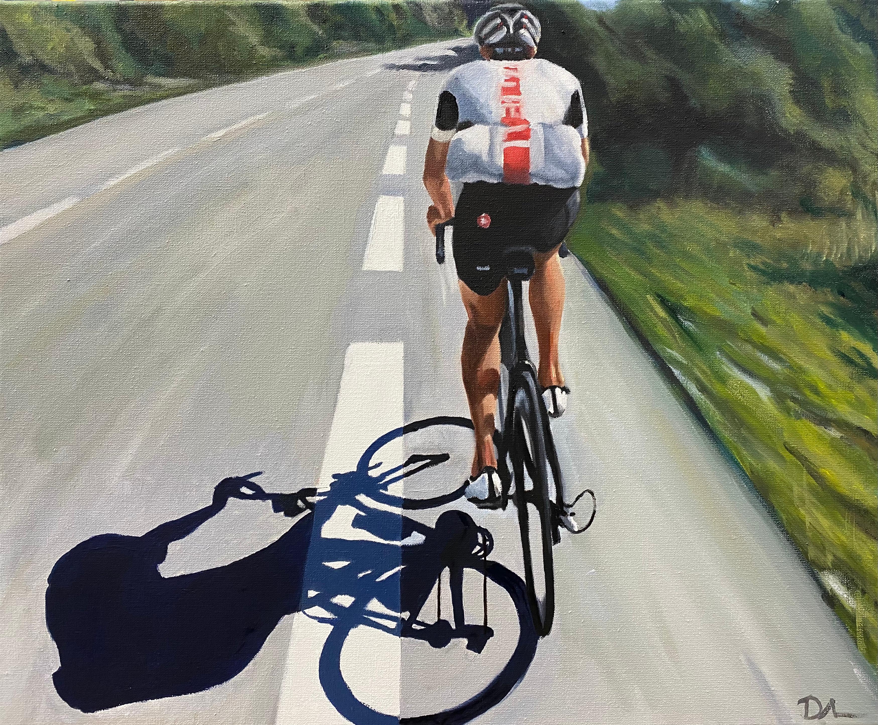 David van der Linden Figurative Painting - Cycling- 21st Century Contemporary painting of a male cyclist