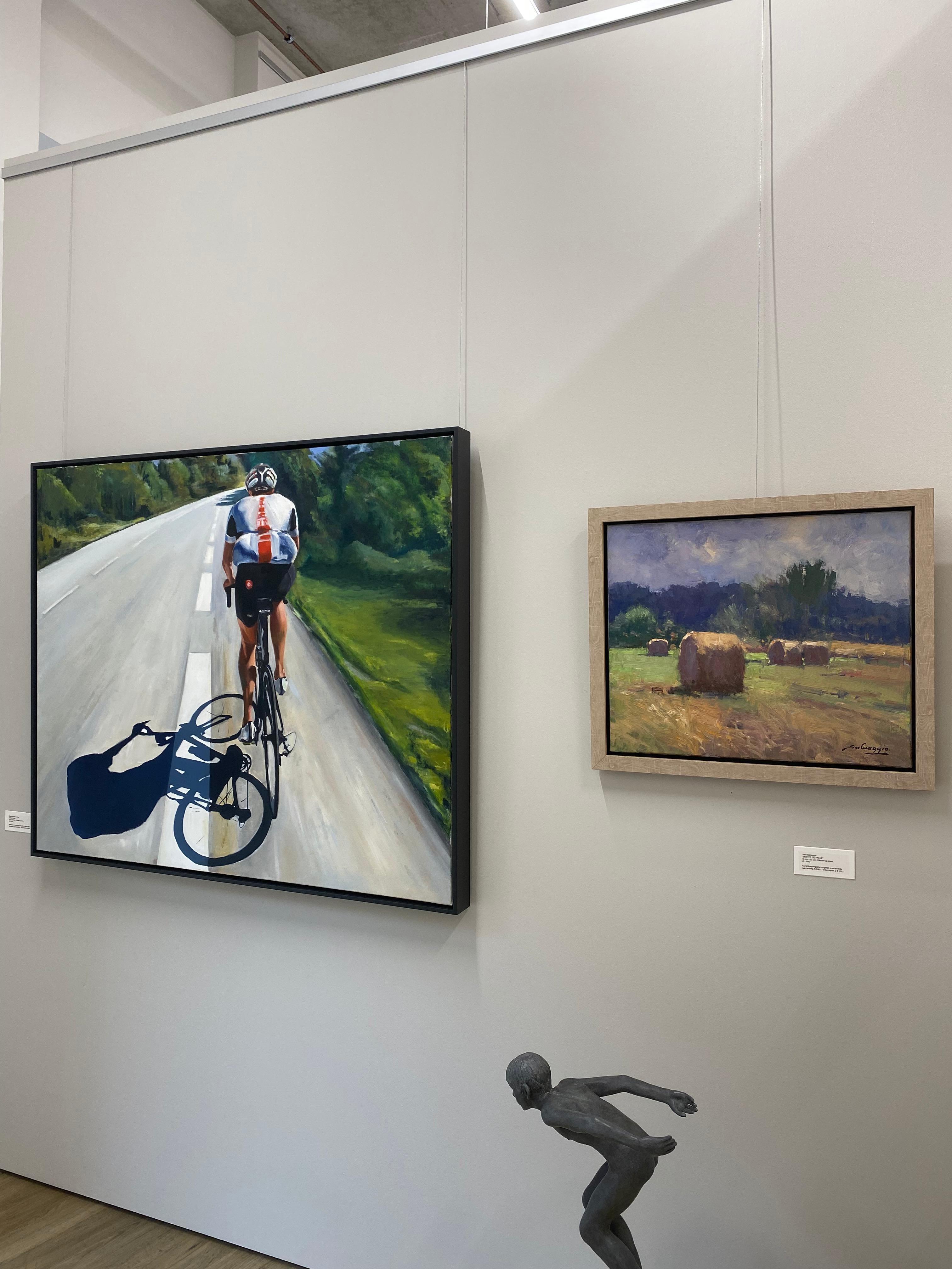 Cyclist - 21st Century Oil Painting of a Man cycling on a racing bike - Beige Figurative Painting by David van der Linden