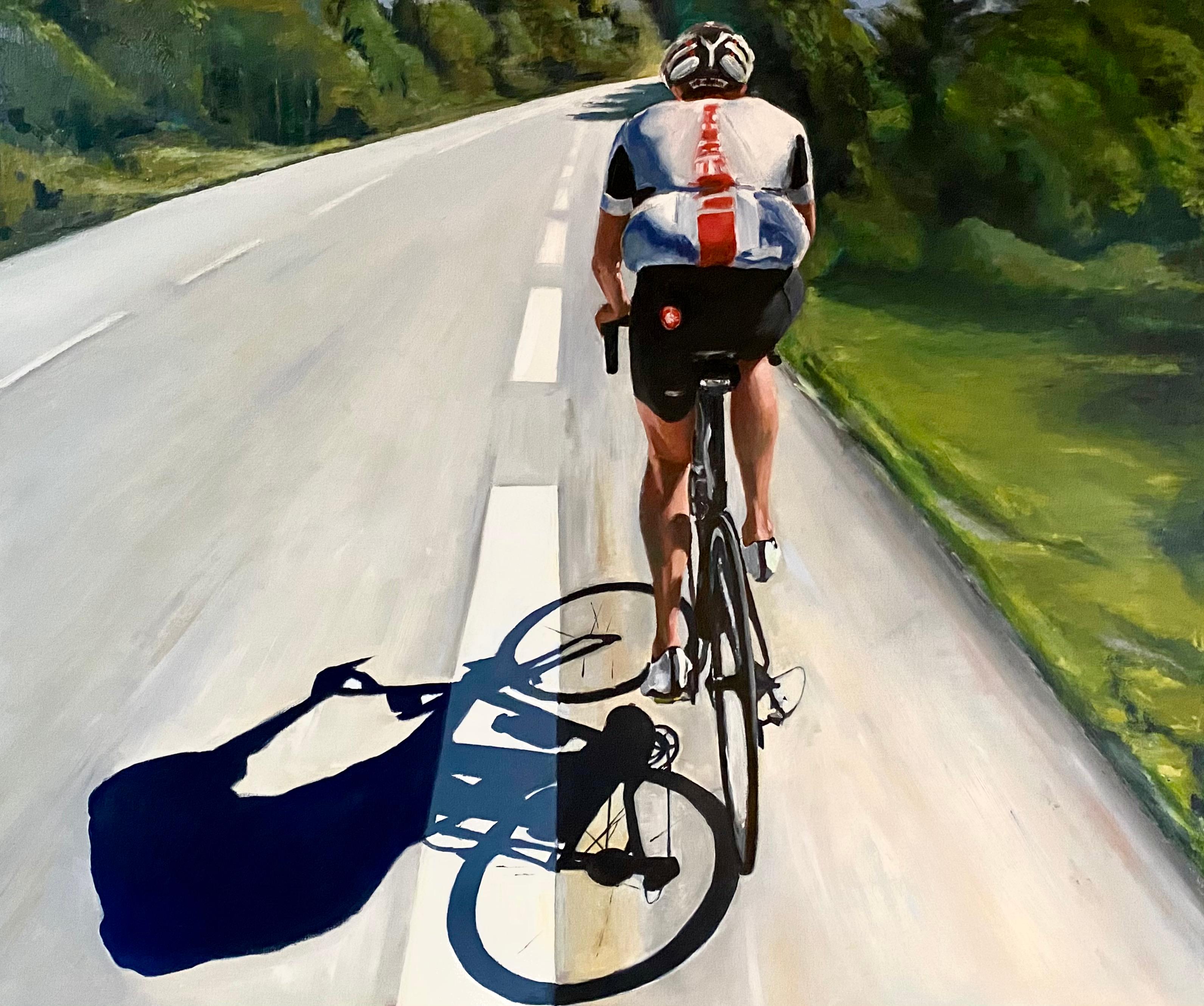 David van der Linden Figurative Painting - Cyclist - 21st Century Oil Painting of a Man cycling on a racing bike