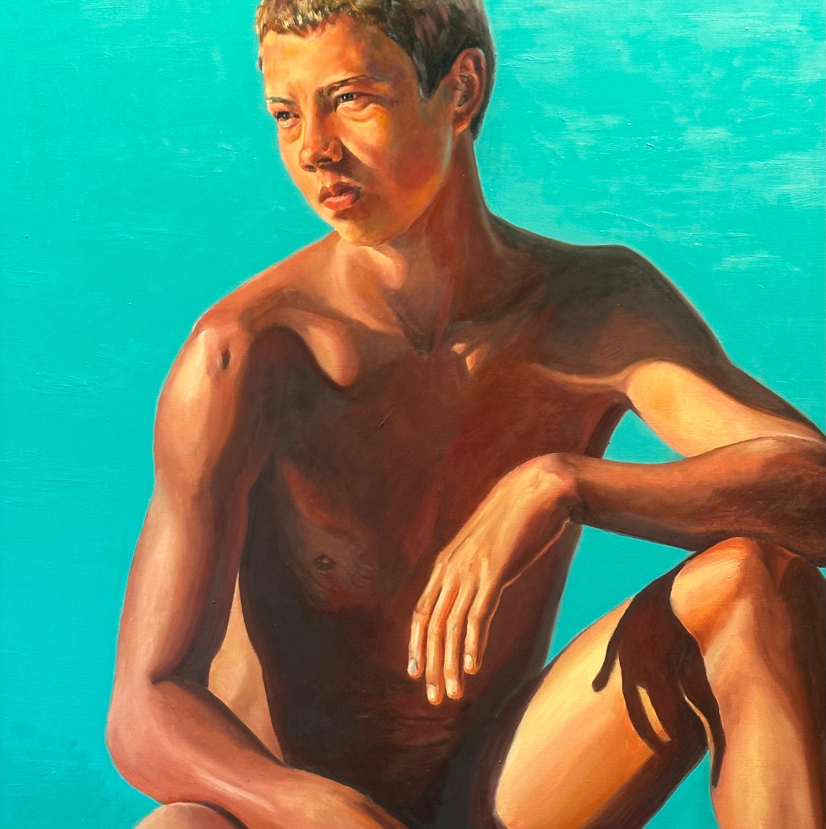 Don't lassen Sie die Sonne Ihren Schatten blasen – Gemälde eines nackten Jungen aus dem 21. Jahrhundert 