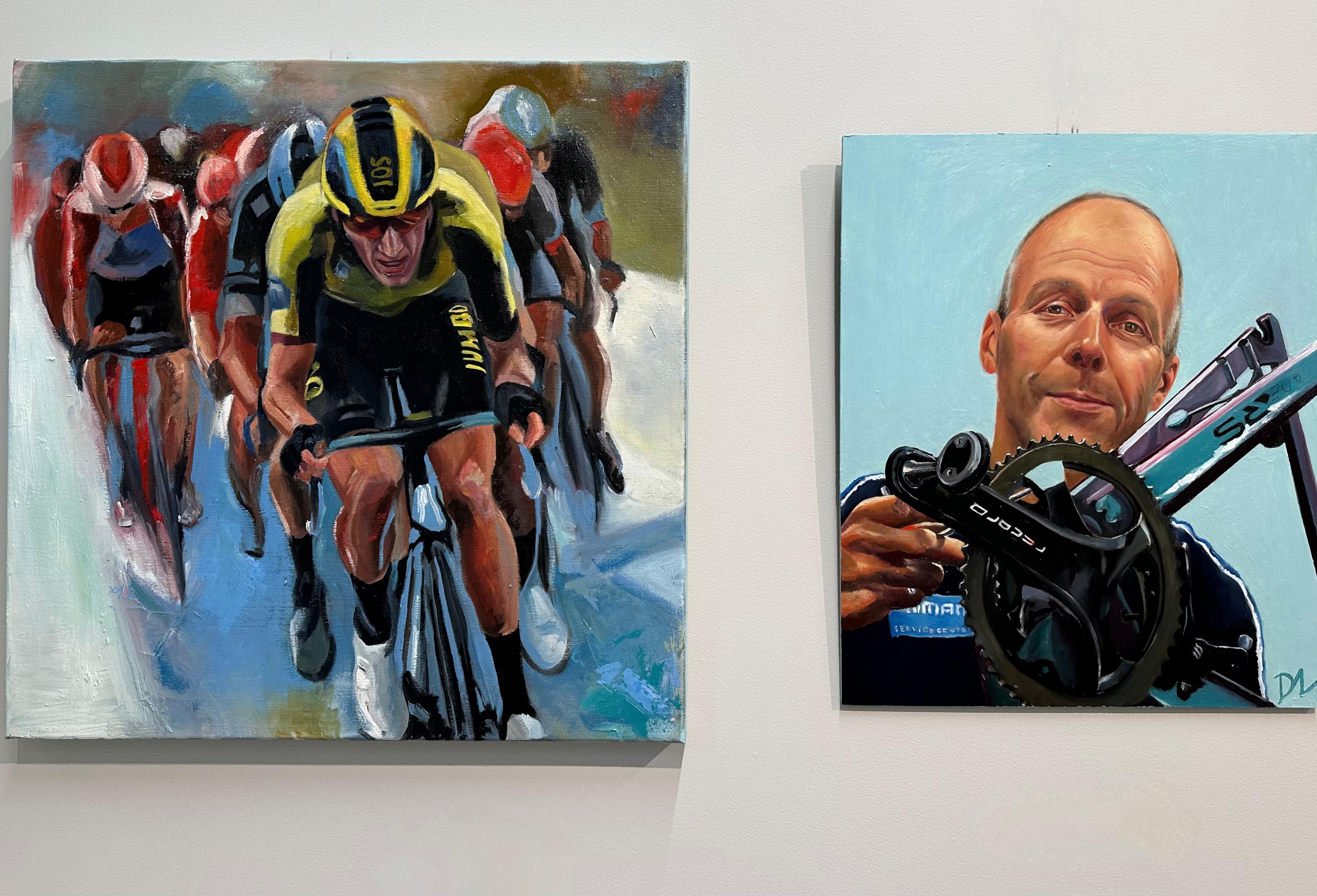 In the Lead- 21st Century contemporary painting of a cycling peloton - Painting by David van der Linden