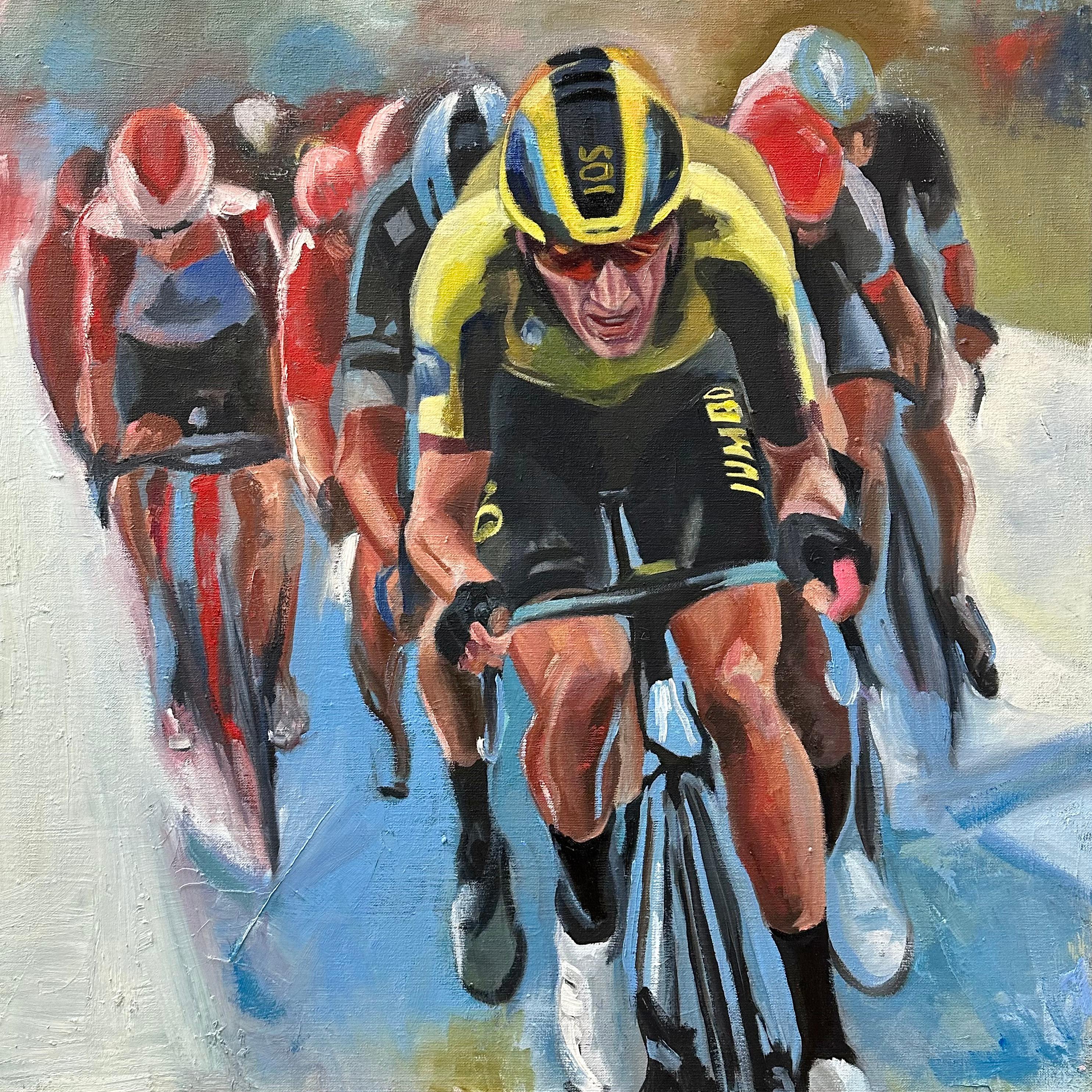 David van der Linden Portrait Painting - In the Lead- 21st Century contemporary painting of a cycling peloton