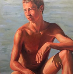 Moonage Daydream- 21st Century  Contemporary Painting of a Nude Boy on the Beach