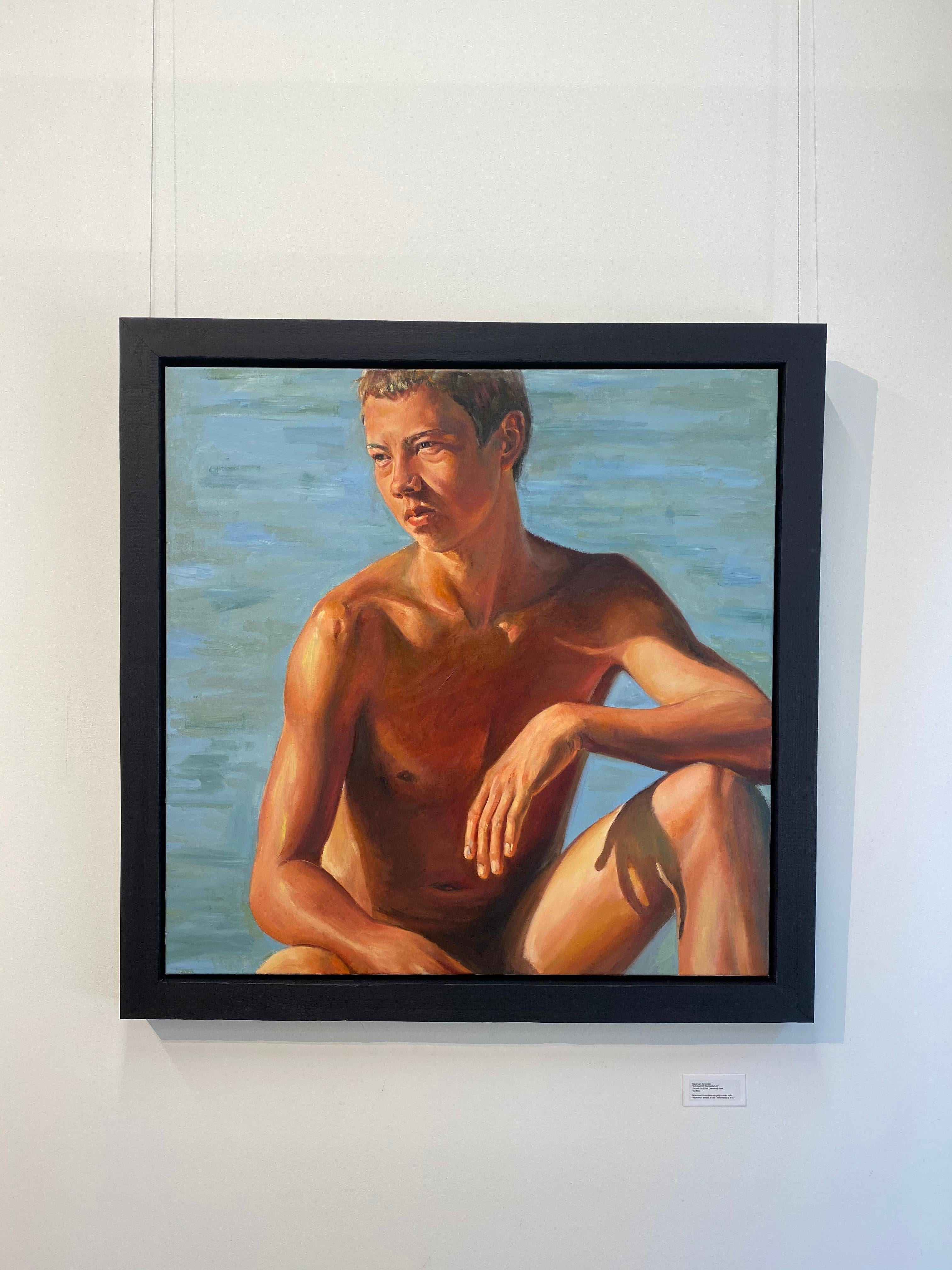 On the Beach- 21st Century  Contemporary Painting of a Nude Boy on the Beach For Sale 1