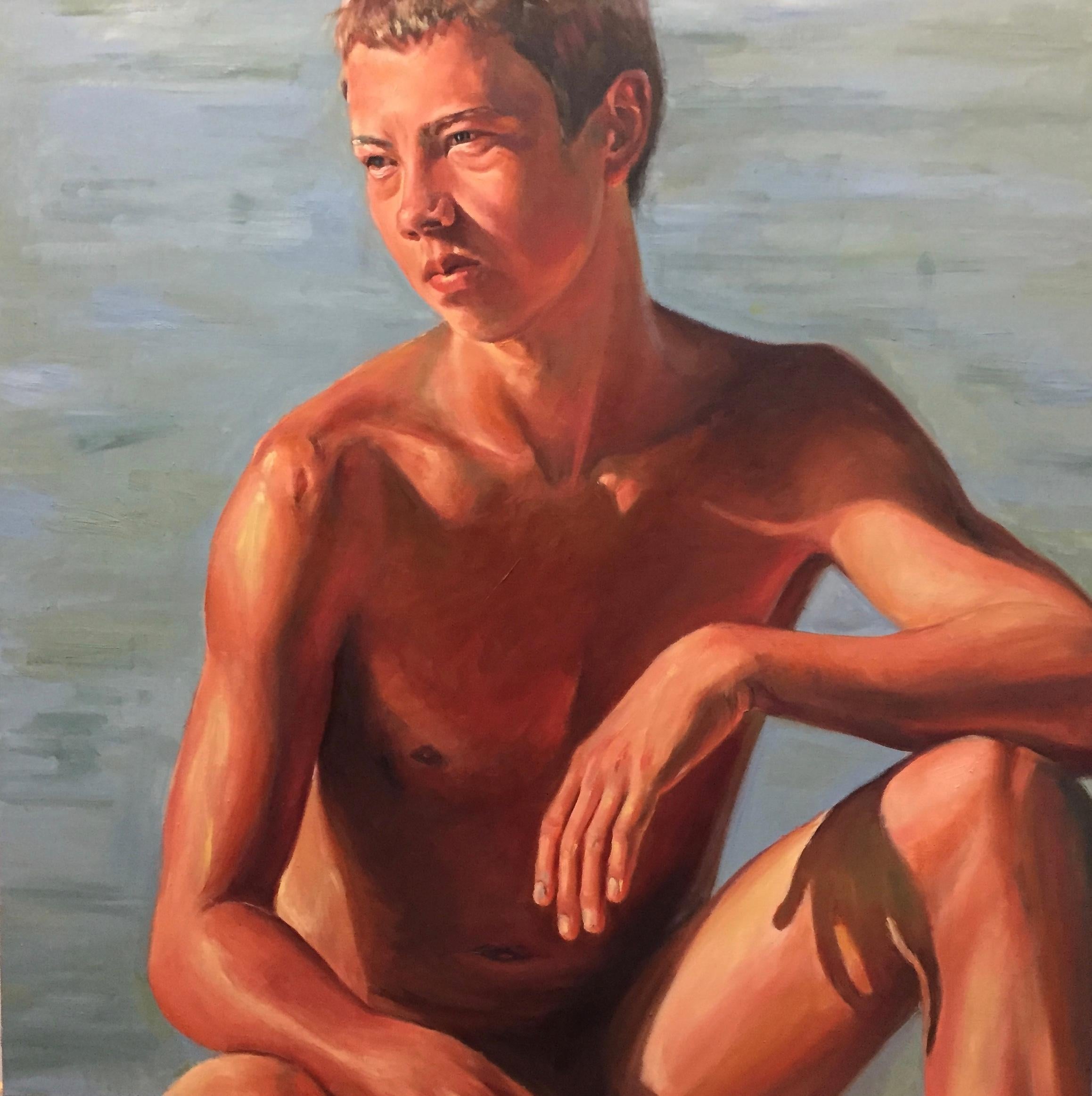 On the Beach- 21st Century  Contemporary Painting of a Nude Boy on the Beach