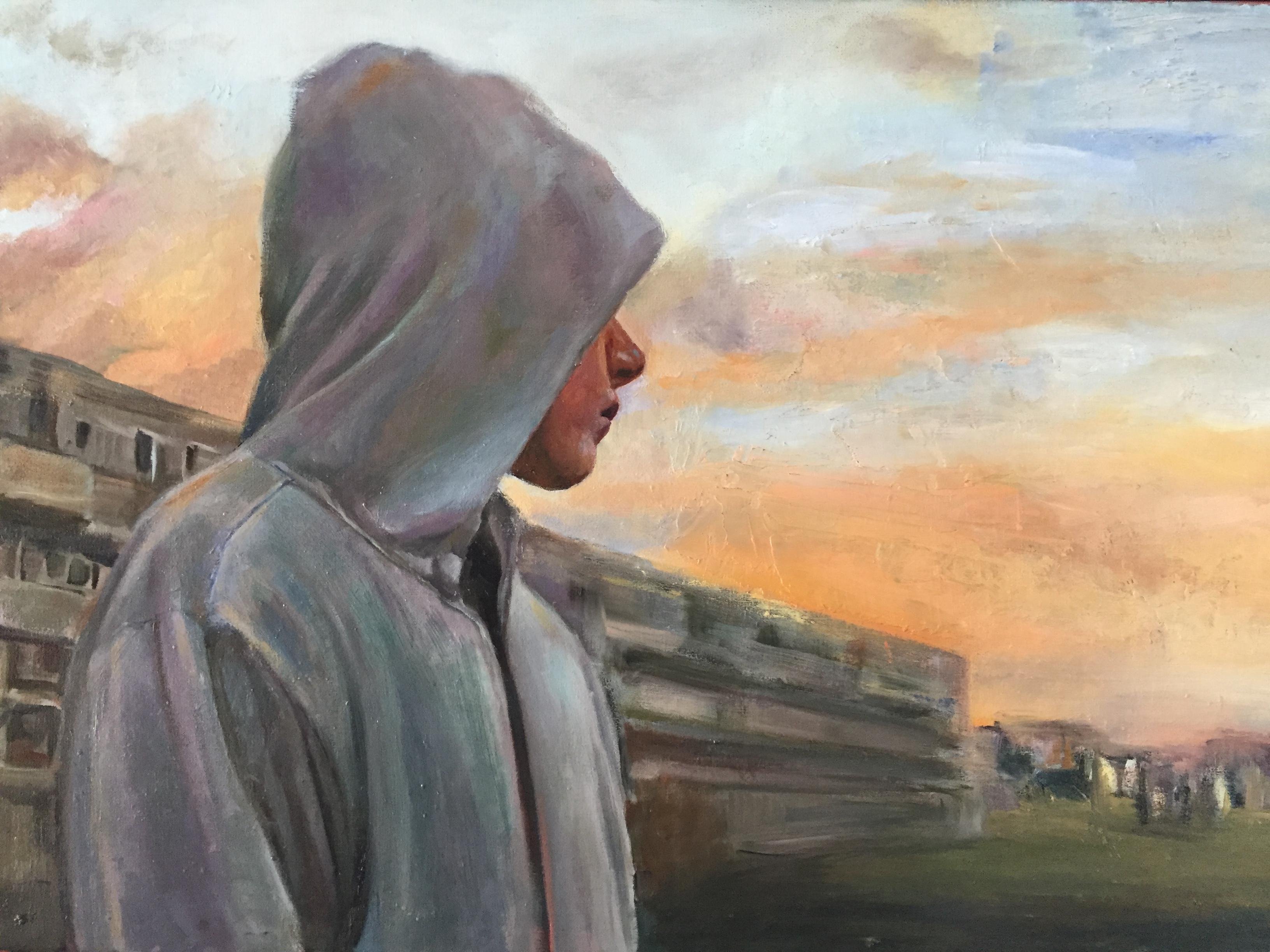 David van der Linden Figurative Painting - Thursday's Child-  21st Century Dutch Contemporary Painting of a boy with Hoody