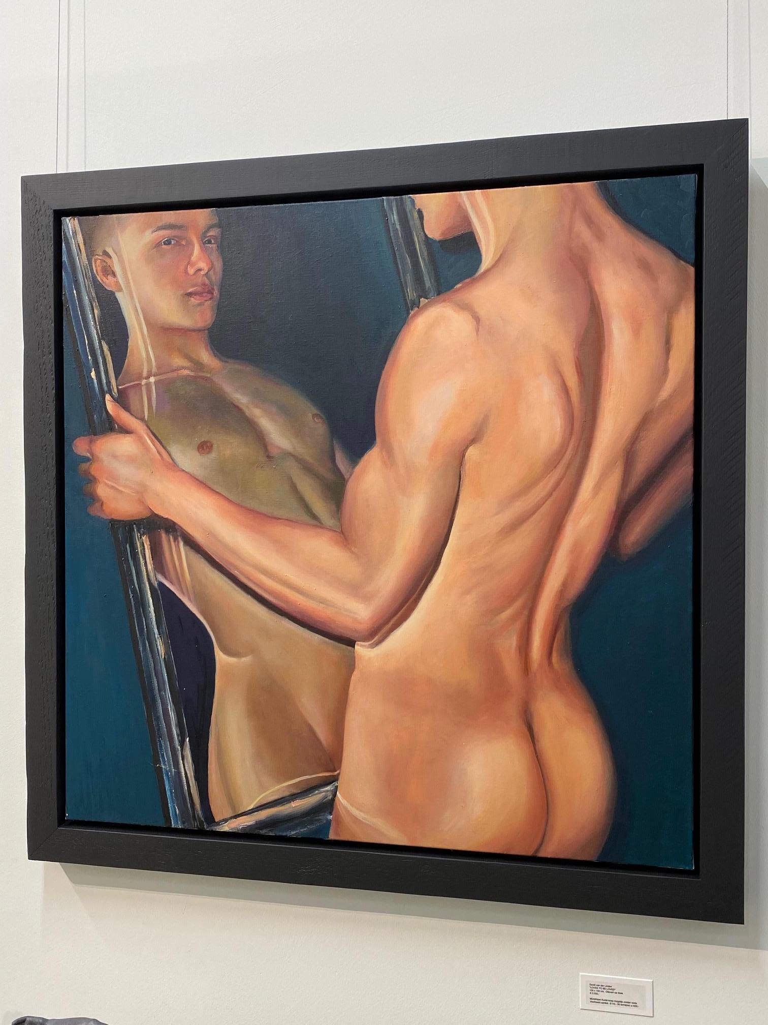 Watch me! -21st Century Oil Painting of a Nude Boy watching you in his Mirror For Sale 1