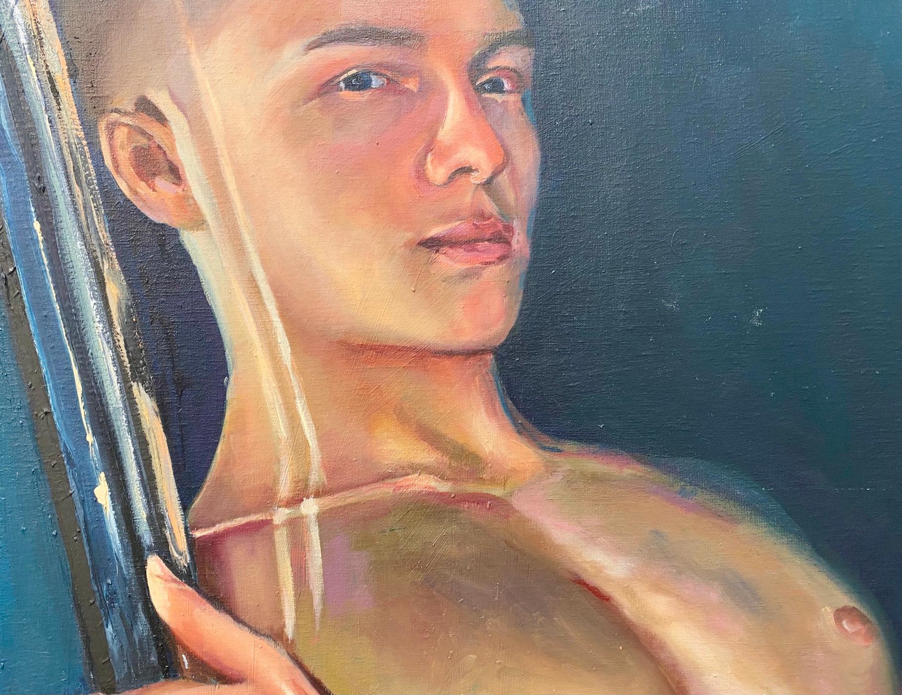 Watch me! -21st Century Oil Painting of a Nude Boy watching you in his Mirror For Sale 2