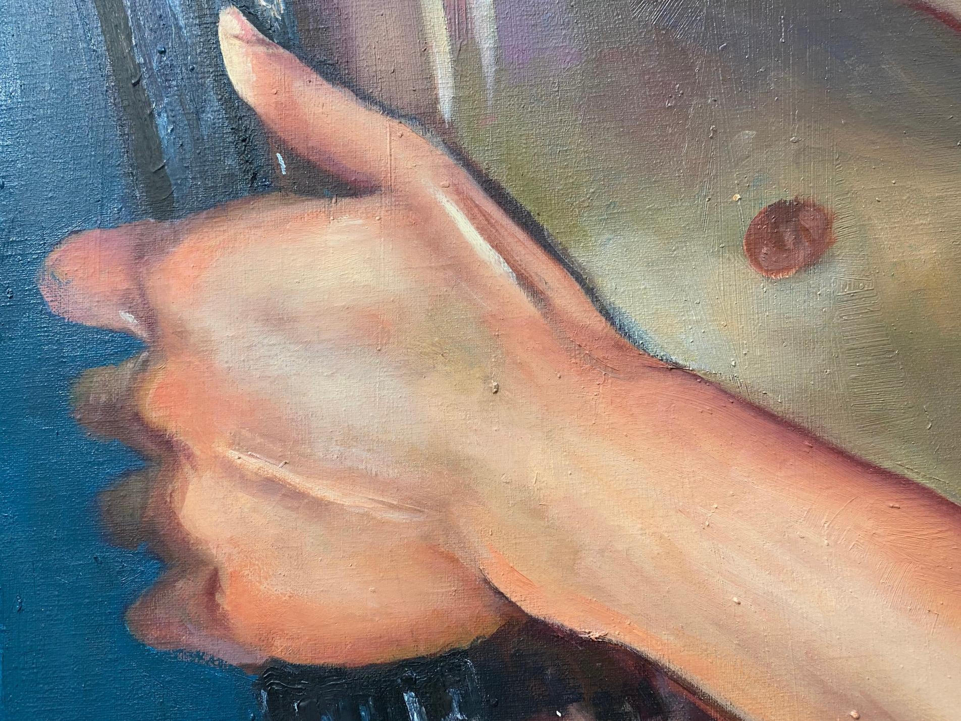 Guardami! -Pittura a olio del 21° secolo di un ragazzo nudo che ti guarda nel suo specchio in vendita 4