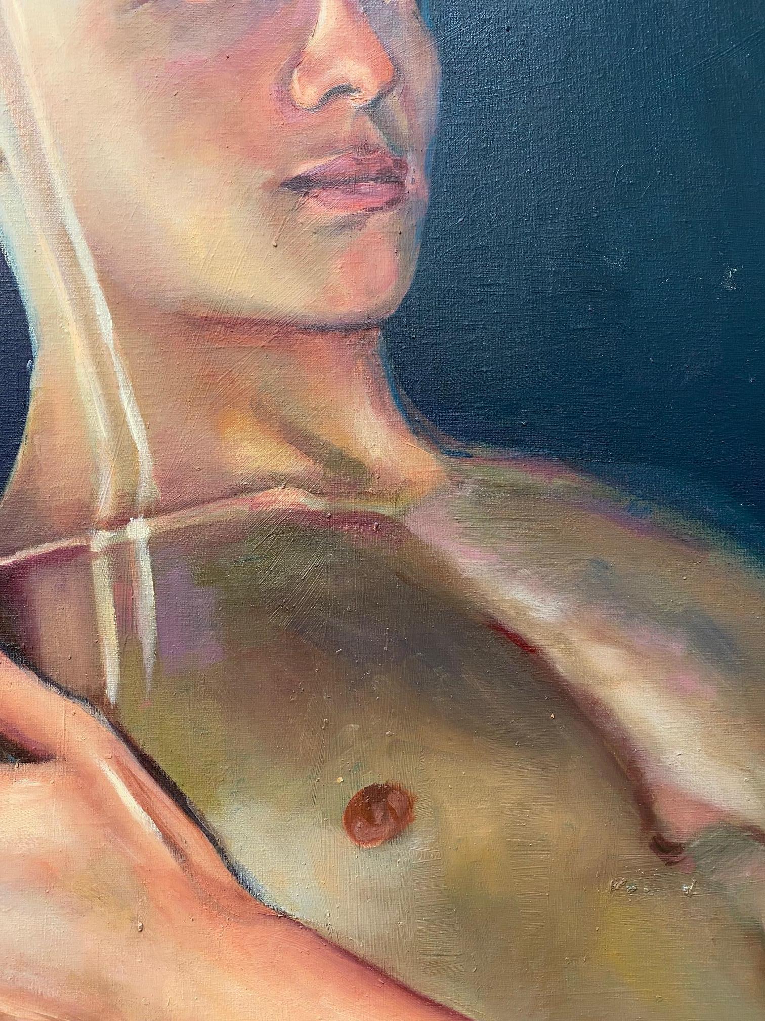 Watch me! -21st Century Oil Painting of a Nude Boy watching you in his Mirror For Sale 5