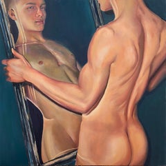 Vintage Watch me! -21st Century Oil Painting of a Nude Boy watching you in his Mirror