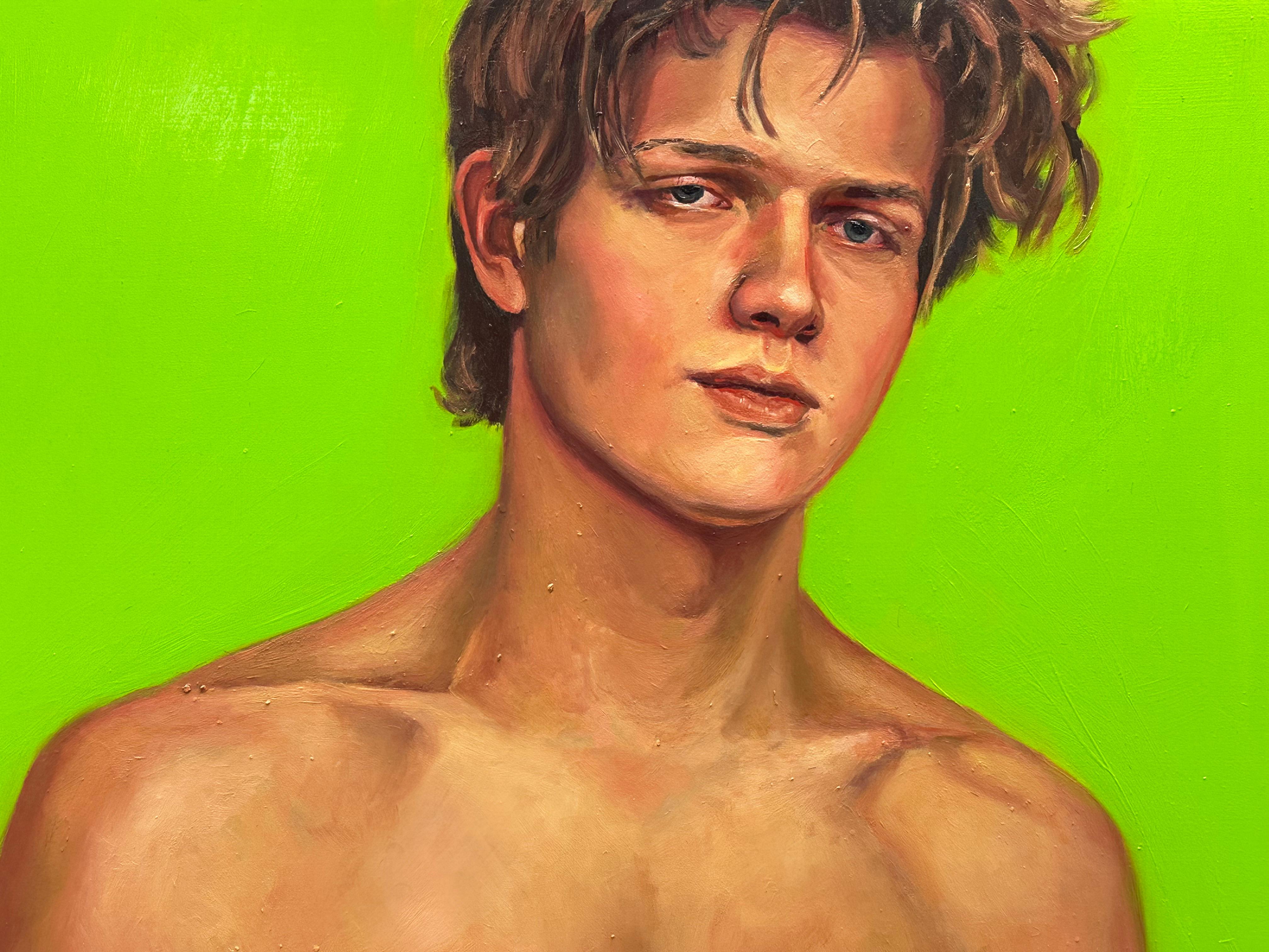 Quand je vis mon rêve - 21e siècle  Peinture contemporaine d'un garçon à la poitrine nue - Vert Figurative Painting par David van der Linden