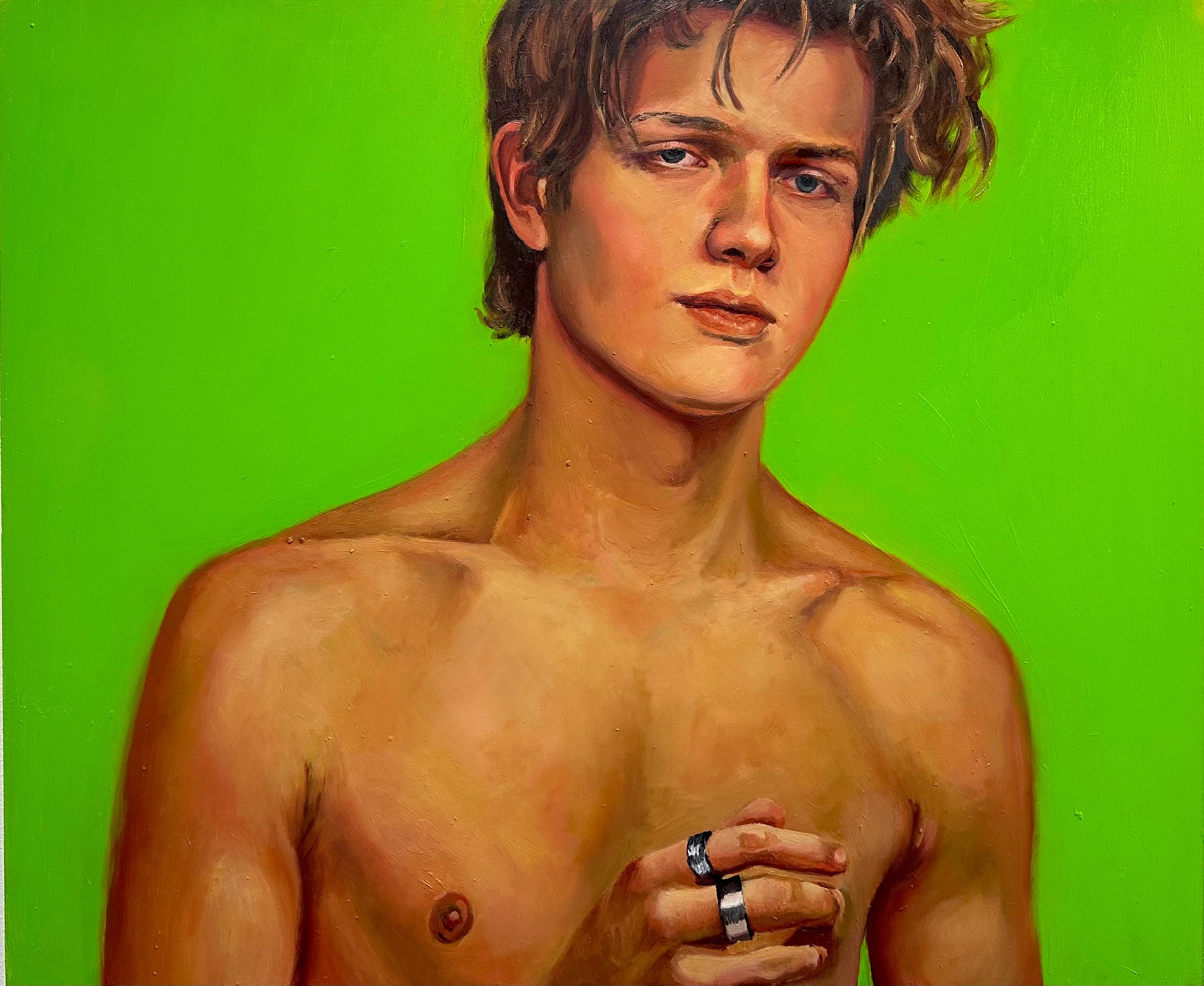 David van der Linden Figurative Painting - When I live my Dream - 21st Ct  Contemporary Painting of Boy with Bare Chest