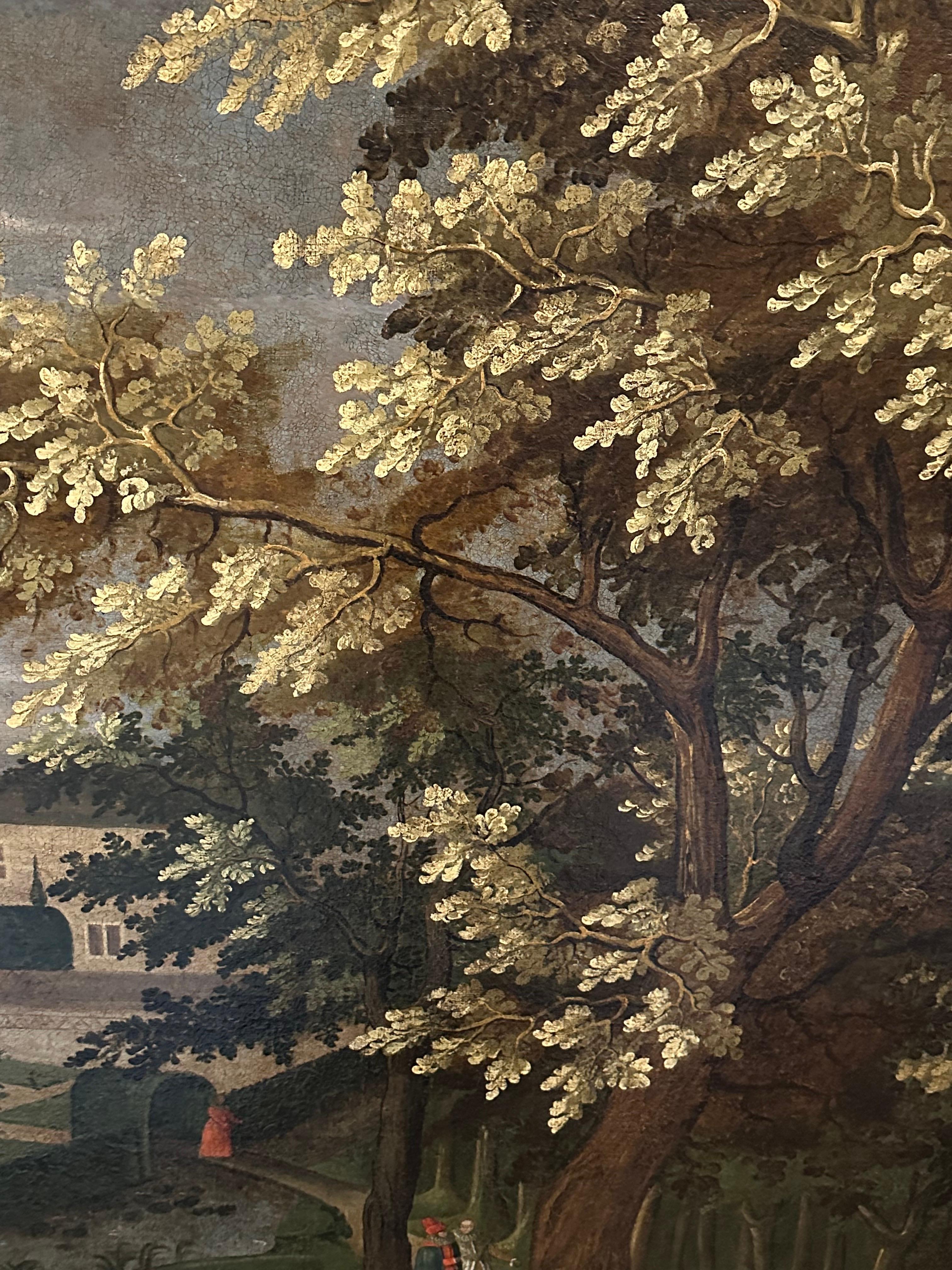 Massiccio dipinto ad olio del 1600 olandese del Secolo d'Oro con figure nel parco di Chateau - Painting di David Vinckboons