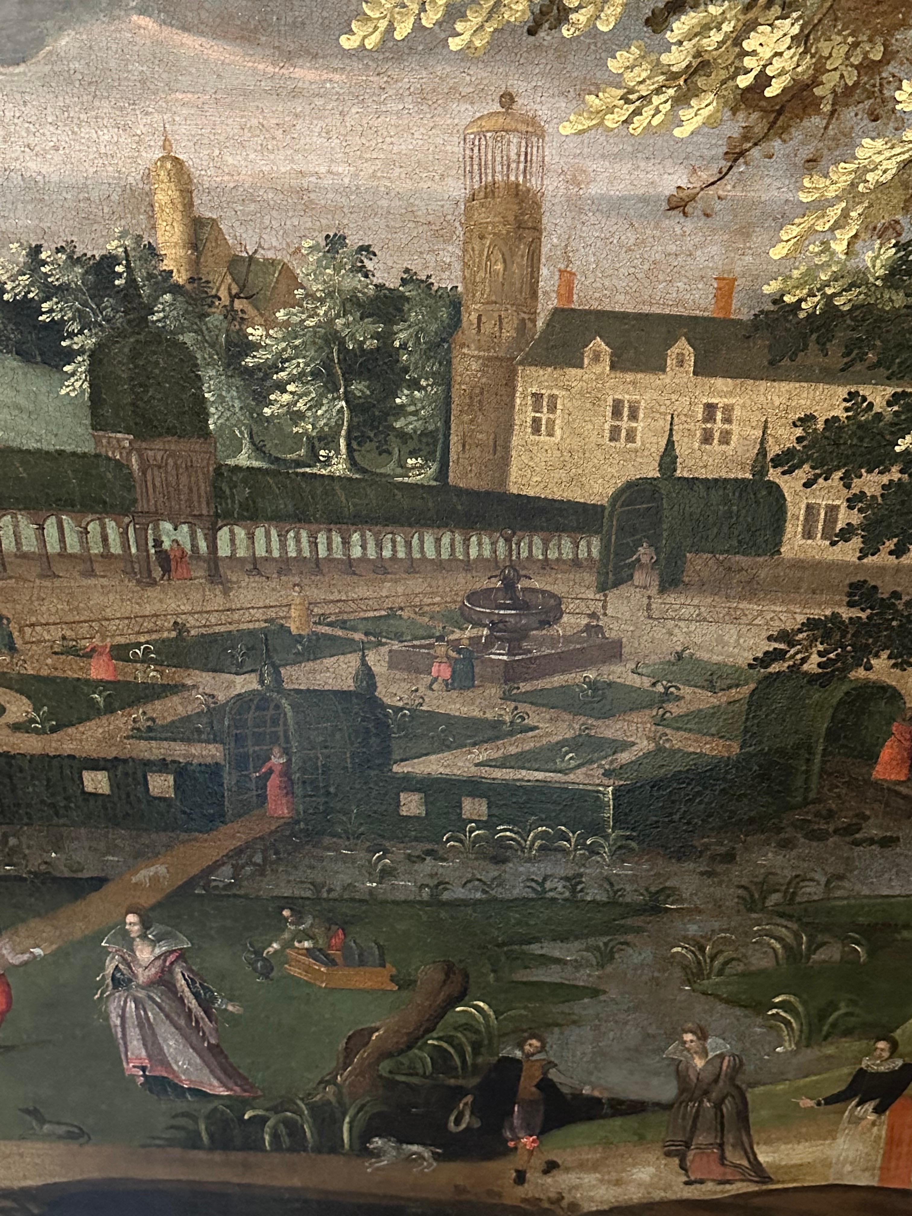 Massiccio dipinto ad olio del 1600 olandese del Secolo d'Oro con figure nel parco di Chateau - Painting Antichi maestri di David Vinckboons