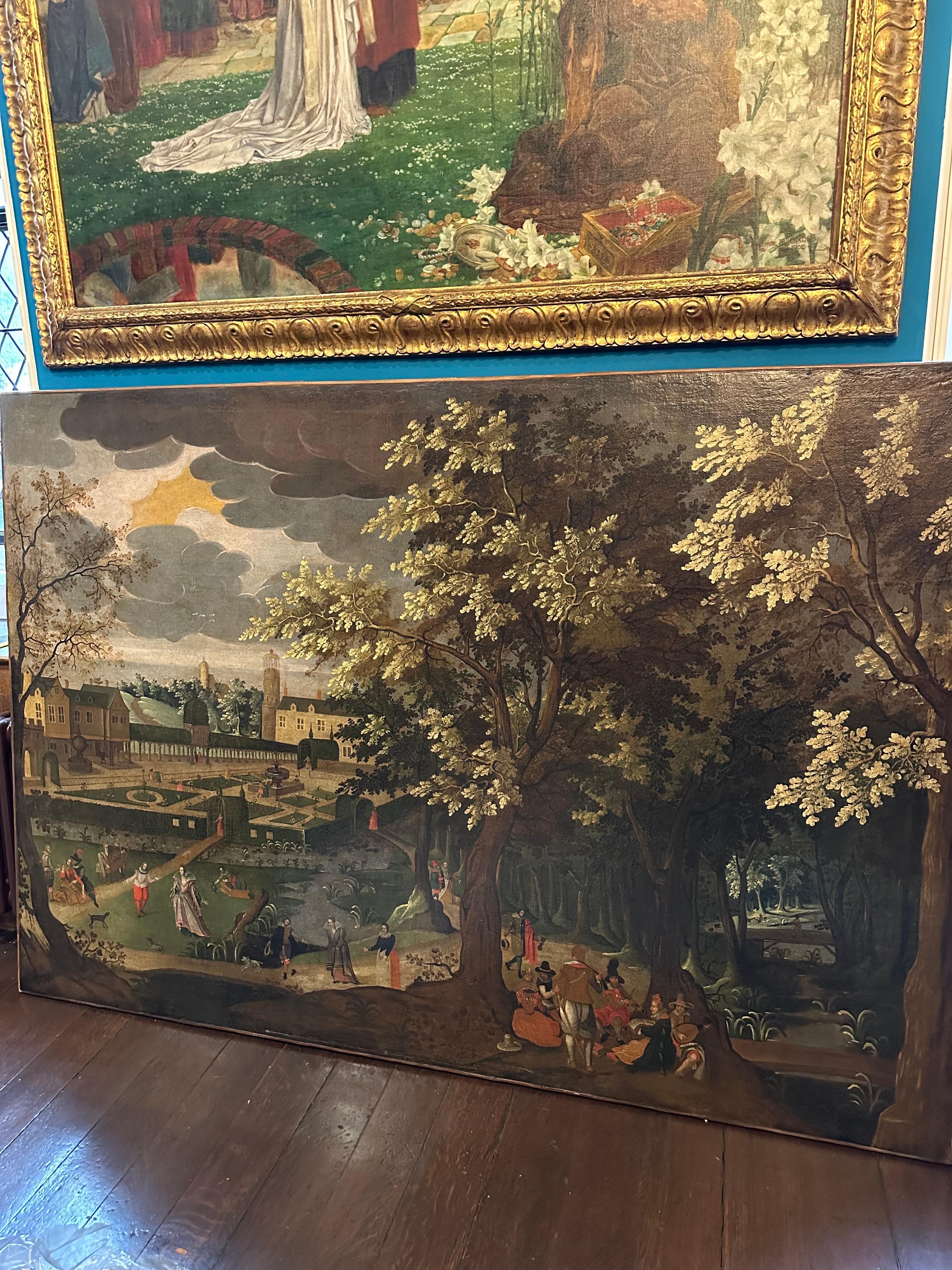Figure in un'ambientazione di corte Chateau Parkland
Età dell'oro olandese, inizio del 1600
cerchia di David Vinckboons (olandese, 1576-1632)
dipinto a olio su tela, senza cornice
Misure della tela: 55 x 82,5 pollici (140 x 210 cm)
condizioni: molto