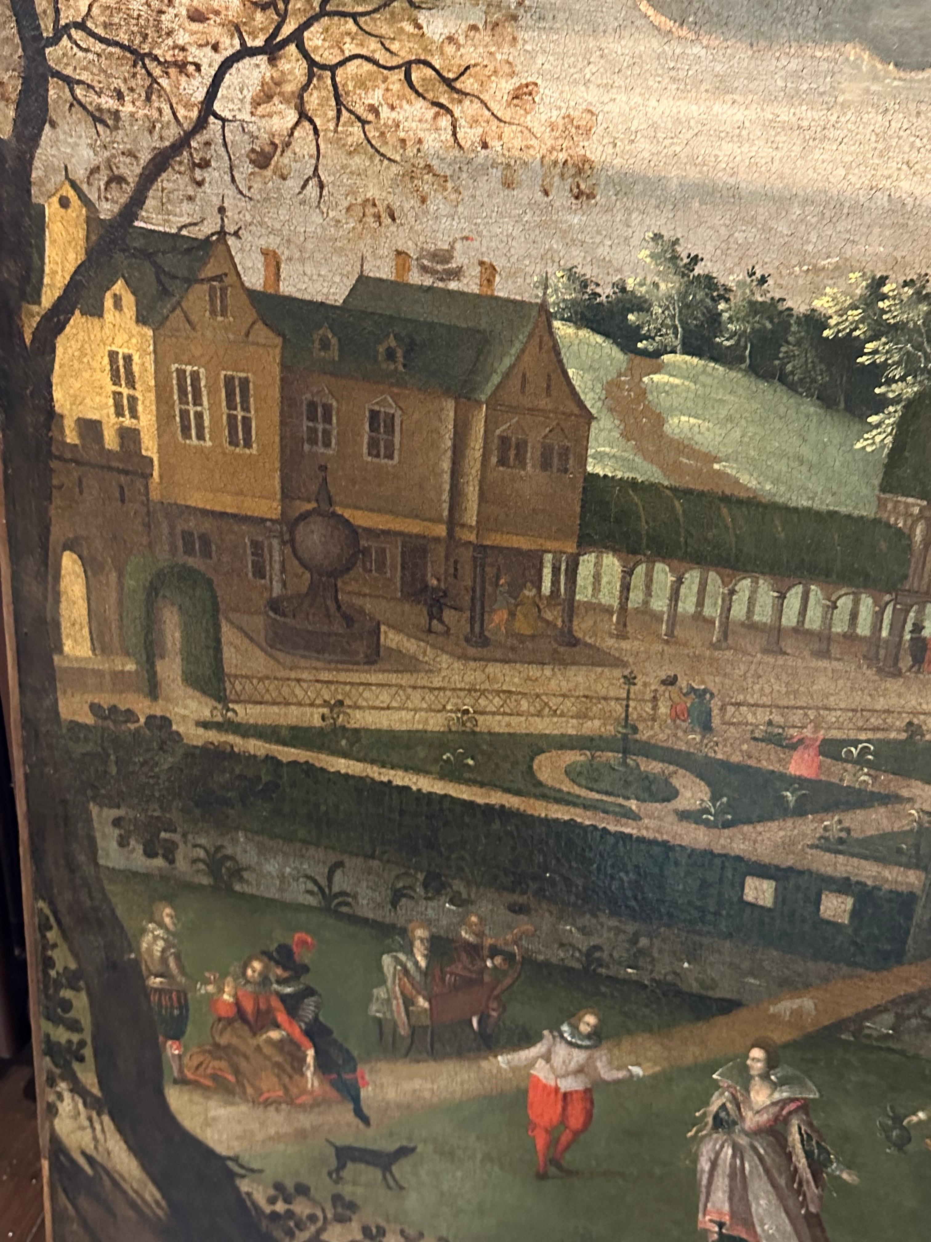 Massiccio dipinto ad olio del 1600 olandese del Secolo d'Oro con figure nel parco di Chateau 1