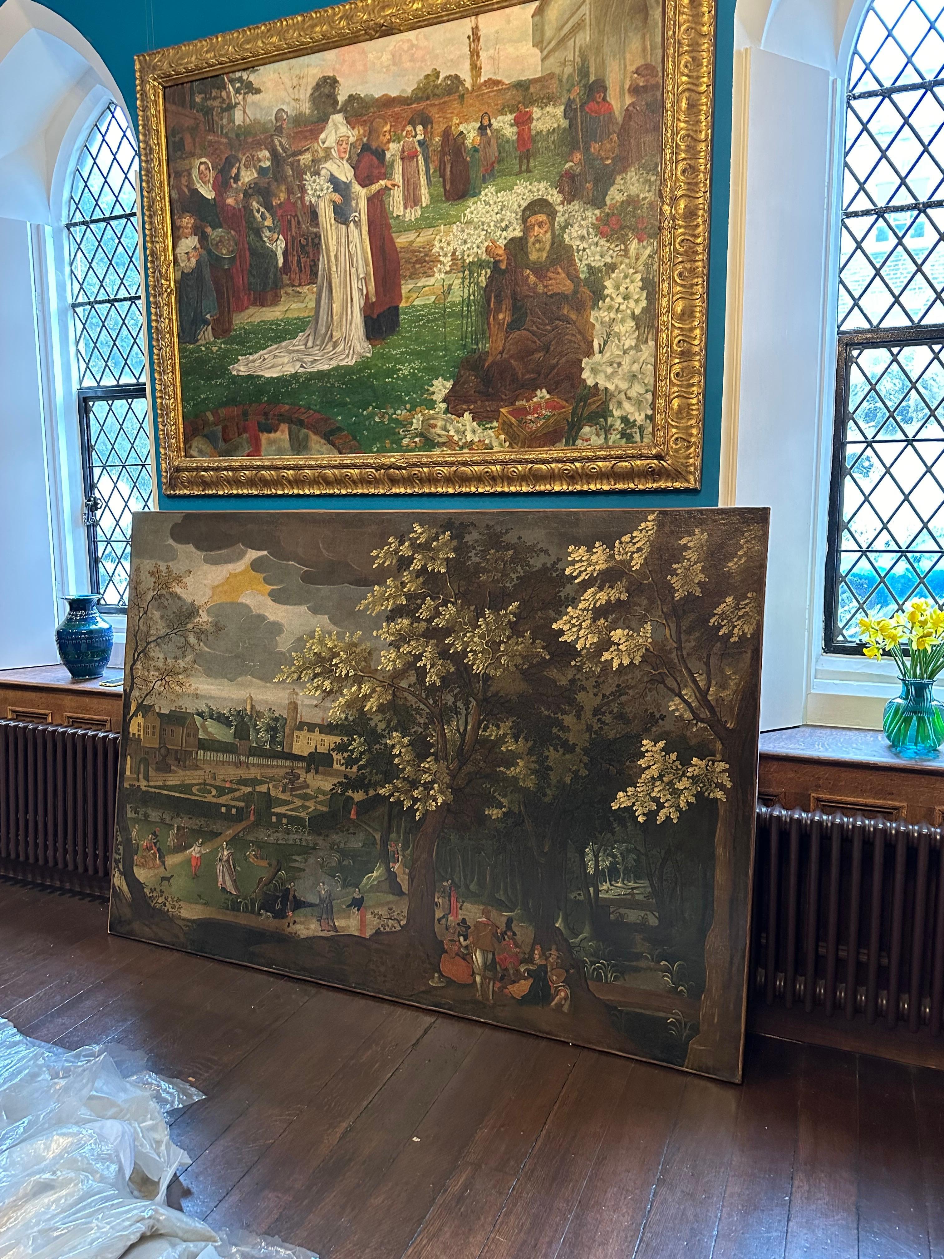 Massiccio dipinto ad olio del 1600 olandese del Secolo d'Oro con figure nel parco di Chateau 2