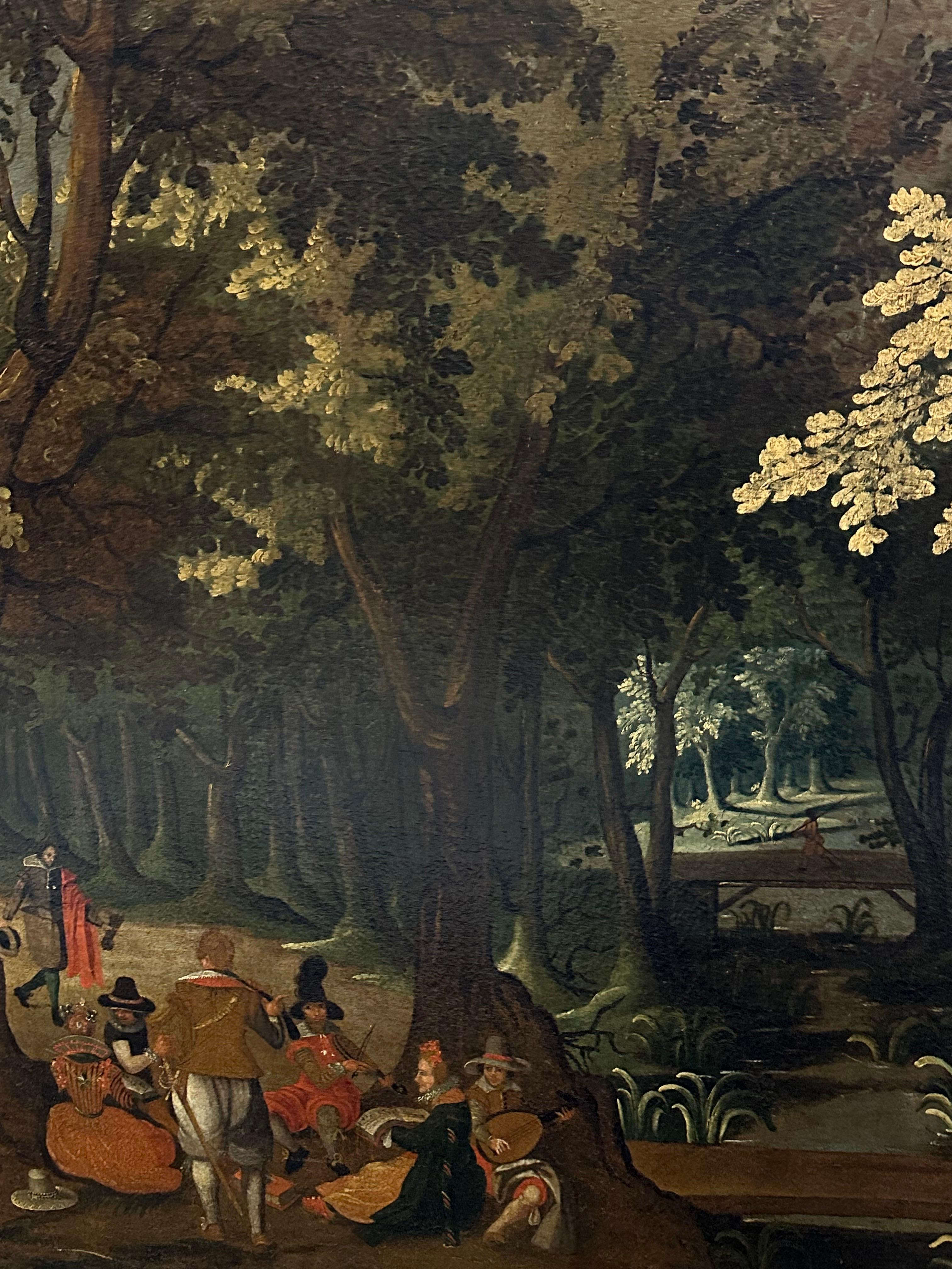 Massive 1600's Dutch Golden Age Old Master Oil Painting Figures in Chateau Park For Sale 5