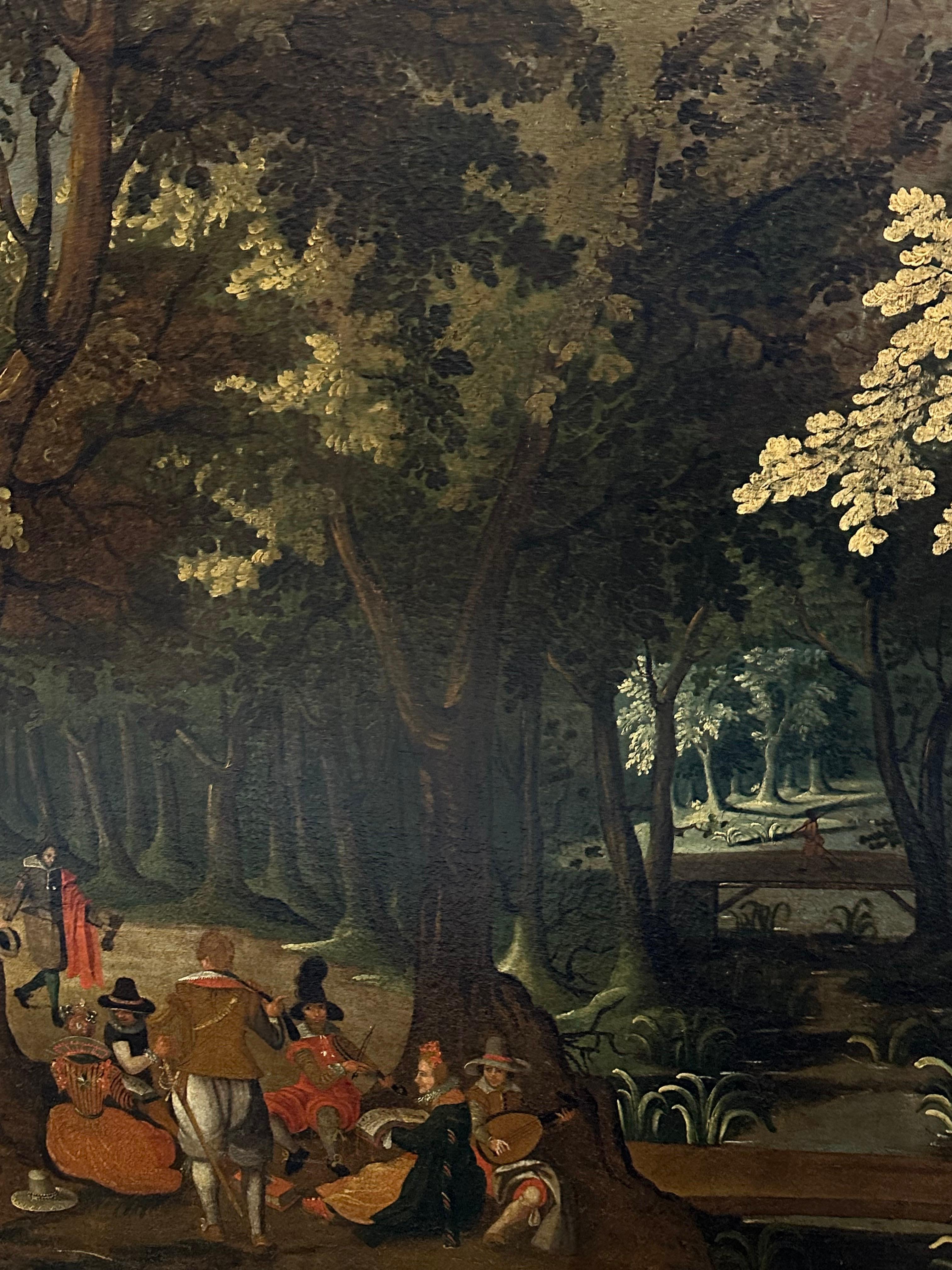 Massiccio dipinto ad olio del 1600 olandese del Secolo d'Oro con figure nel parco di Chateau 3