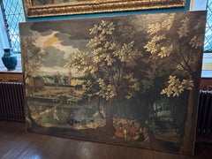 Antique Massive 1600's Dutch Golden Age Old Master Oil Painting Figures in Chateau Park