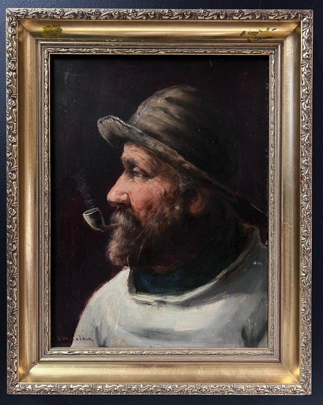 Antique Cornish Fisherman Portrait of a Bearded Man with Pipe Signed Oil - Painting by David W. Haddon 