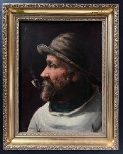 Antico ritratto di pescatore della Cornovaglia di un uomo barbuto con pipa, firmato a olio