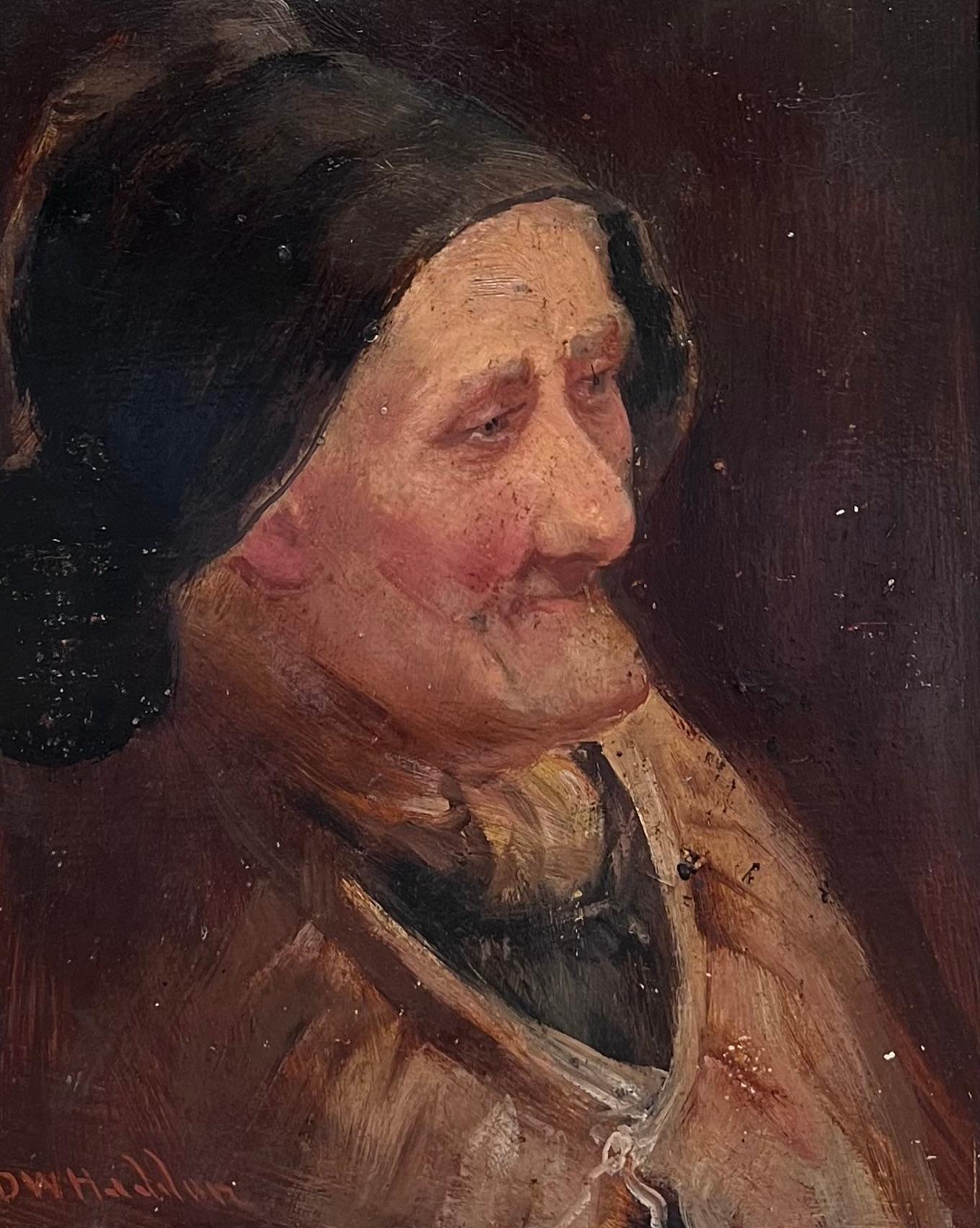 Antico dipinto a olio inglese Ritratto di vecchia donna pescatrice della Cornovaglia - Painting di David W. Haddon 