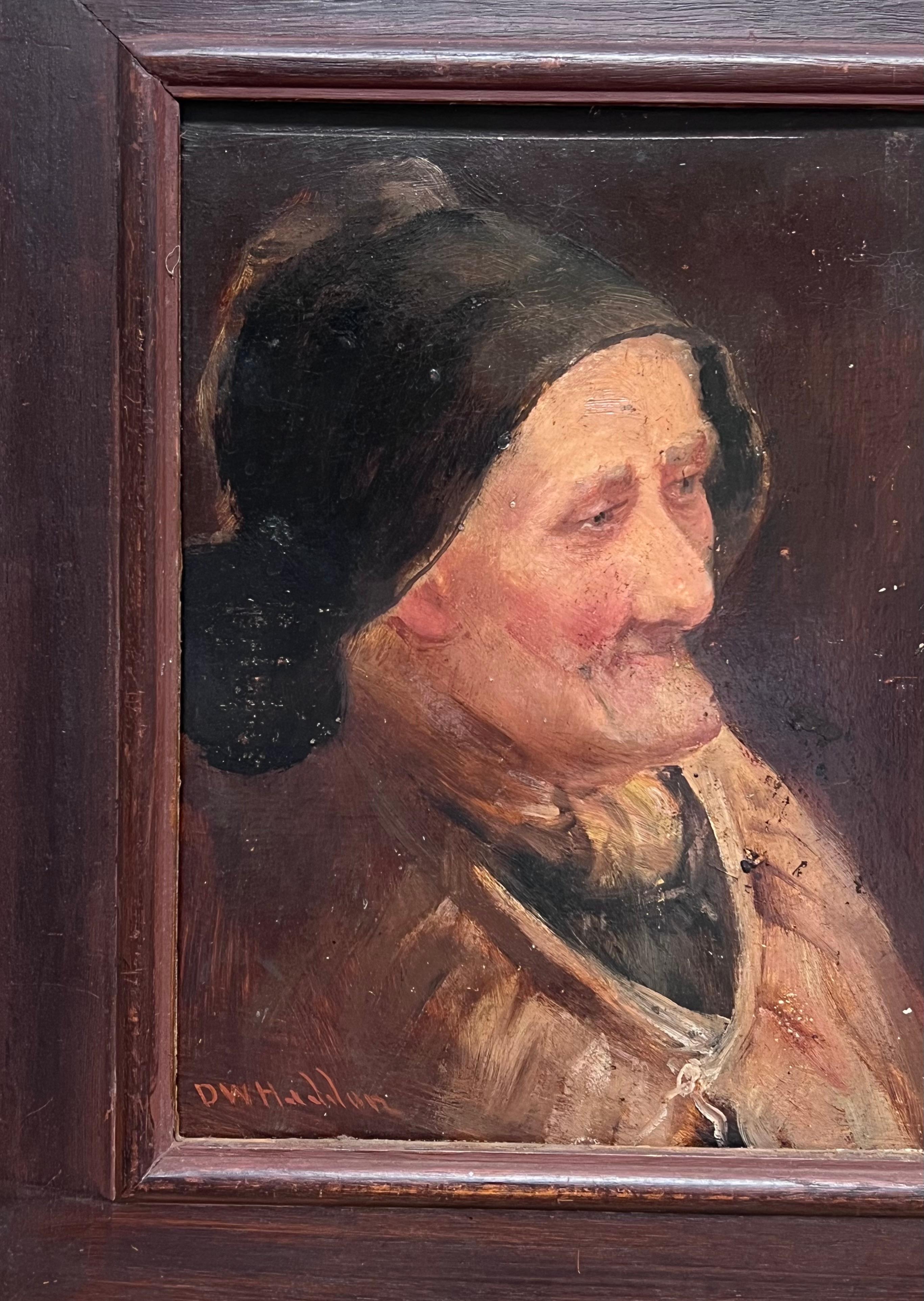 Antico dipinto a olio inglese Ritratto di vecchia donna pescatrice della Cornovaglia - Painting Vittoriano di David W. Haddon 